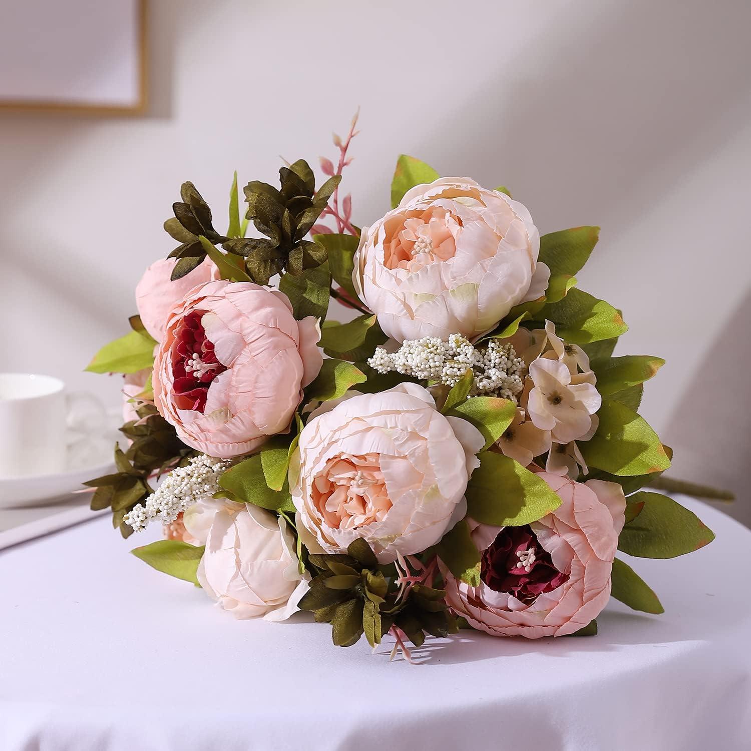 Light Pink Silk Peony and Rose Artificial Floral Arrangement with Lights