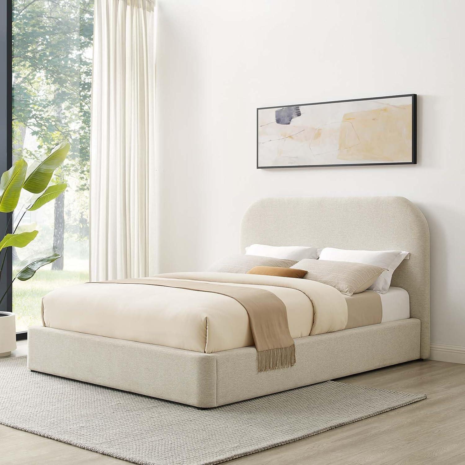 Ivory Velvet Upholstered Full Bed Frame with Curved Headboard