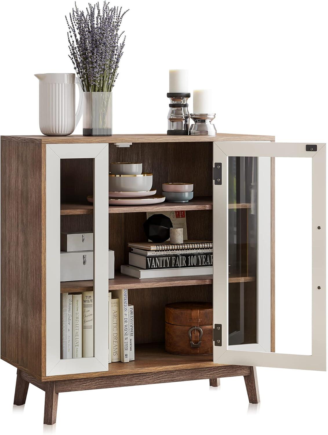 White and Brown Glass Door Curio Cabinet with Gold Hardware