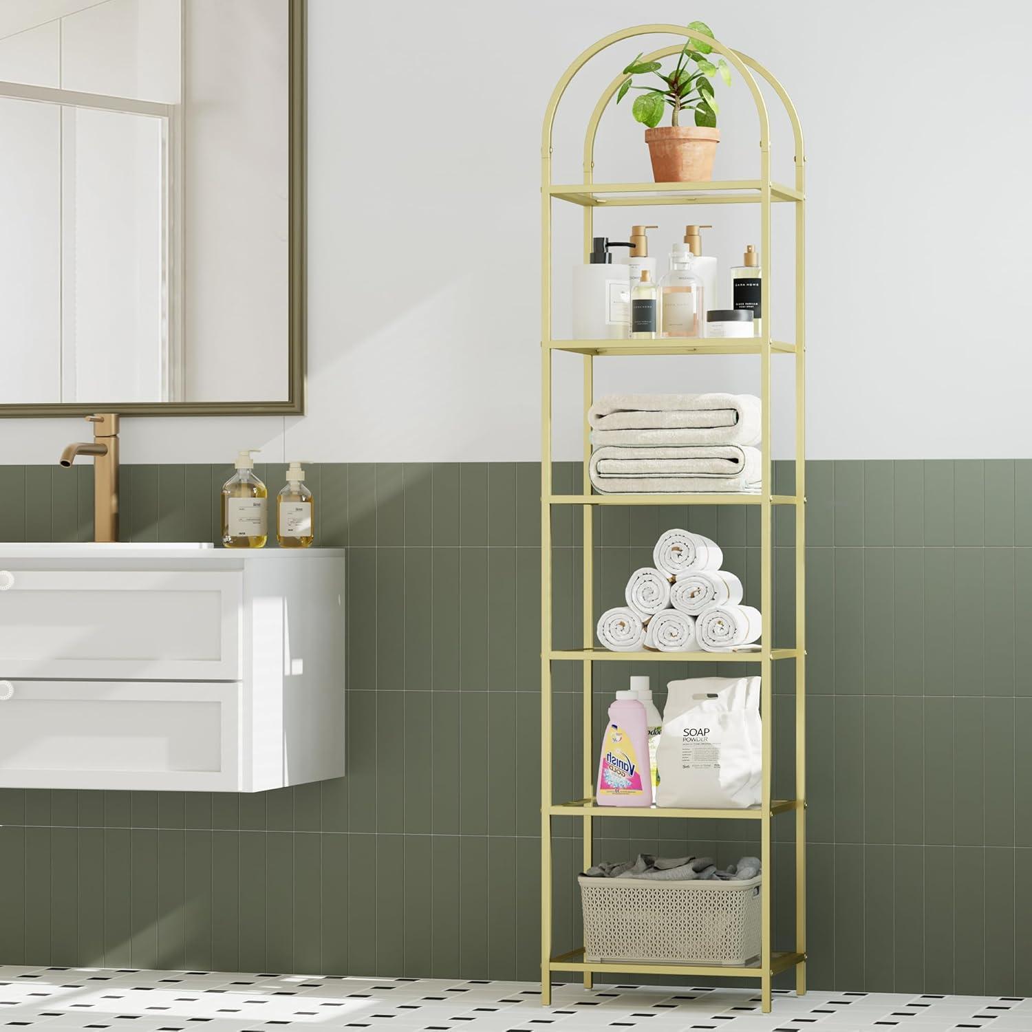 5 Tier Gold Bookshelf, Modern Storage Organizer Shelf, Metal Bookcase Stand for Office, Bedroom Kitchen Living Room