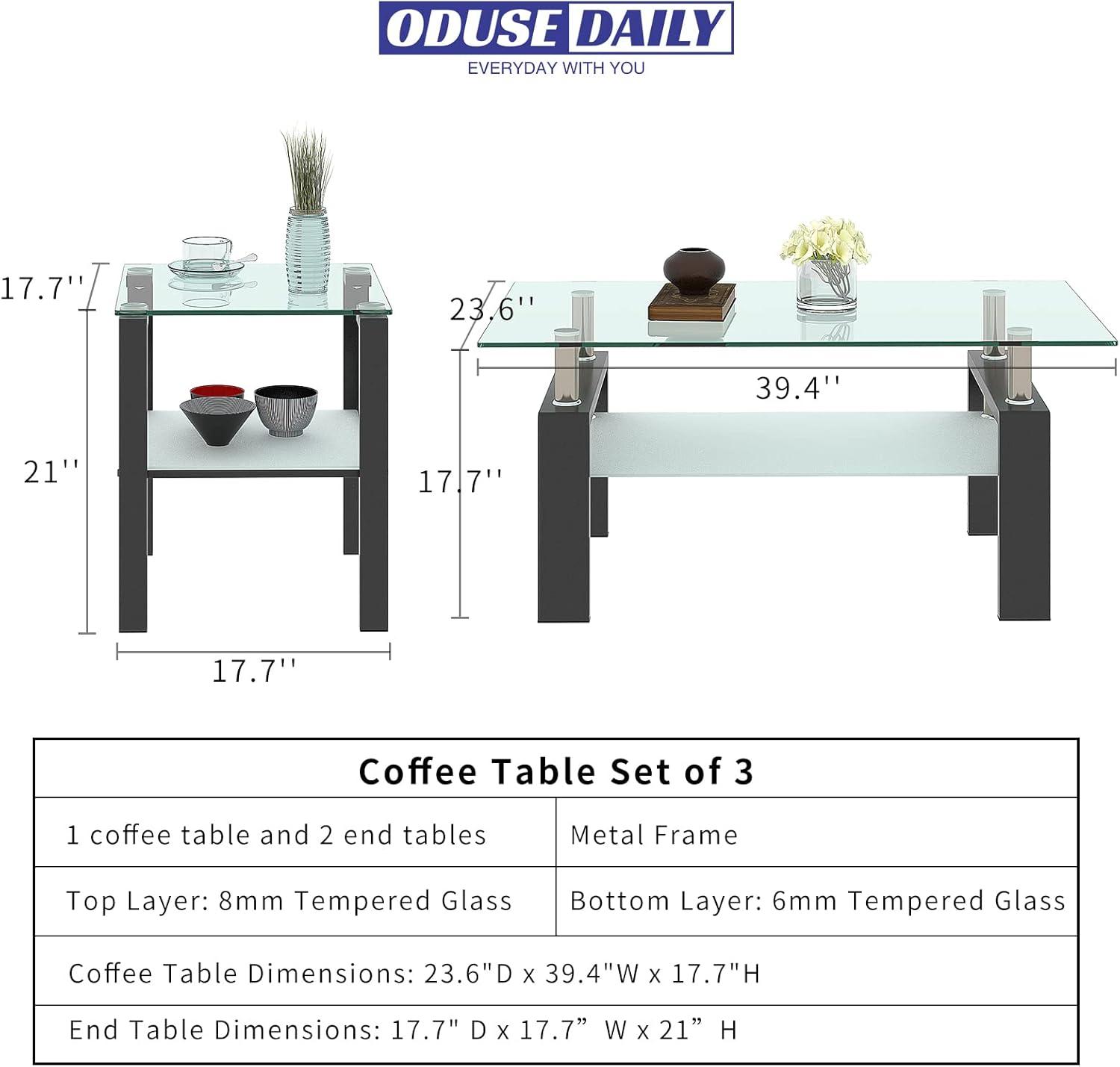 Glass Coffee Table Set of 3 Piece, Living Room Table Set of 3, Black Coffee Table and End Coffee Table Sets, Metal Frame (Black C, Set of 3)