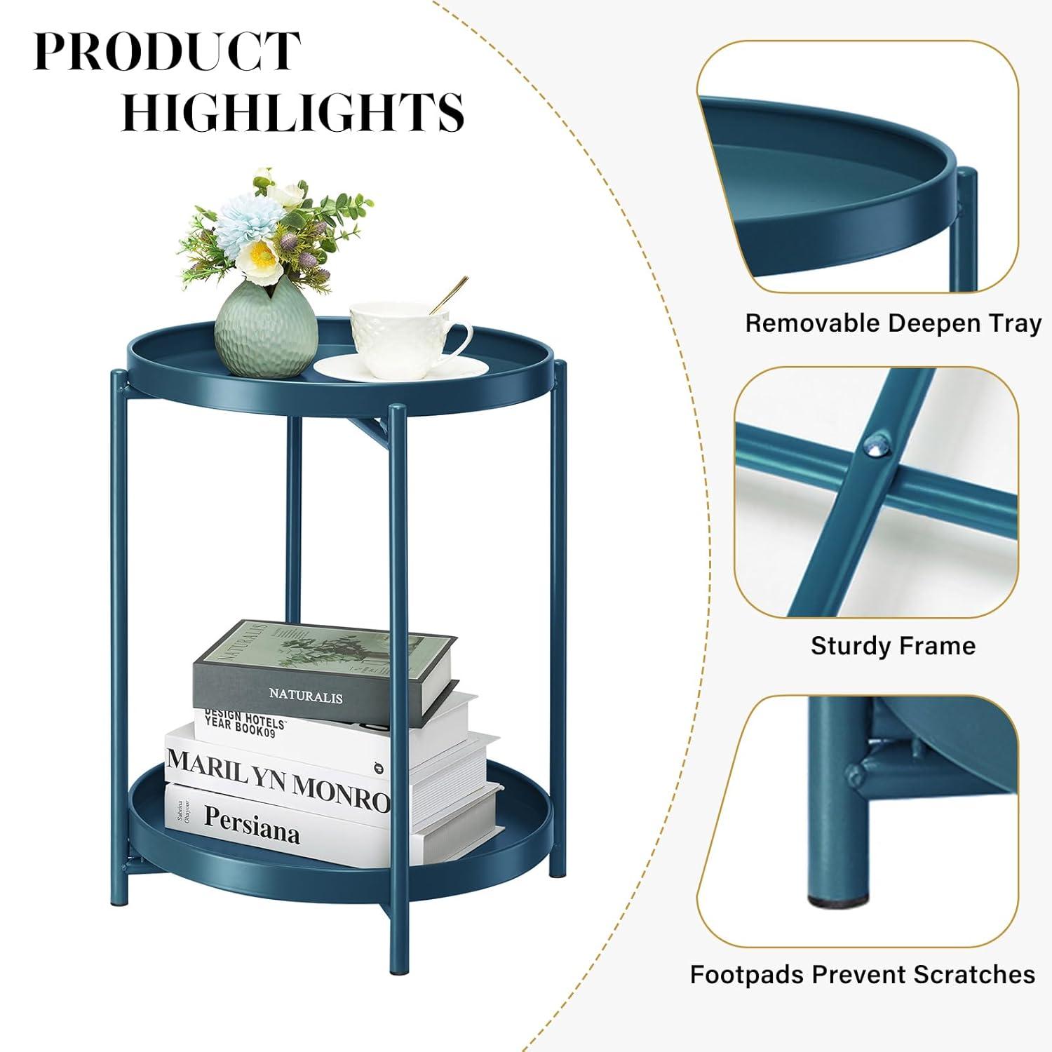 HollyHOME 2-Tier Round Side Table, Outdoor Small Folding Accent Stand with Removable Tray, Anti-Rust Metal Asional Table for Balcony Patio Living Room, Nightstand for Bedroom(Navy Blue)