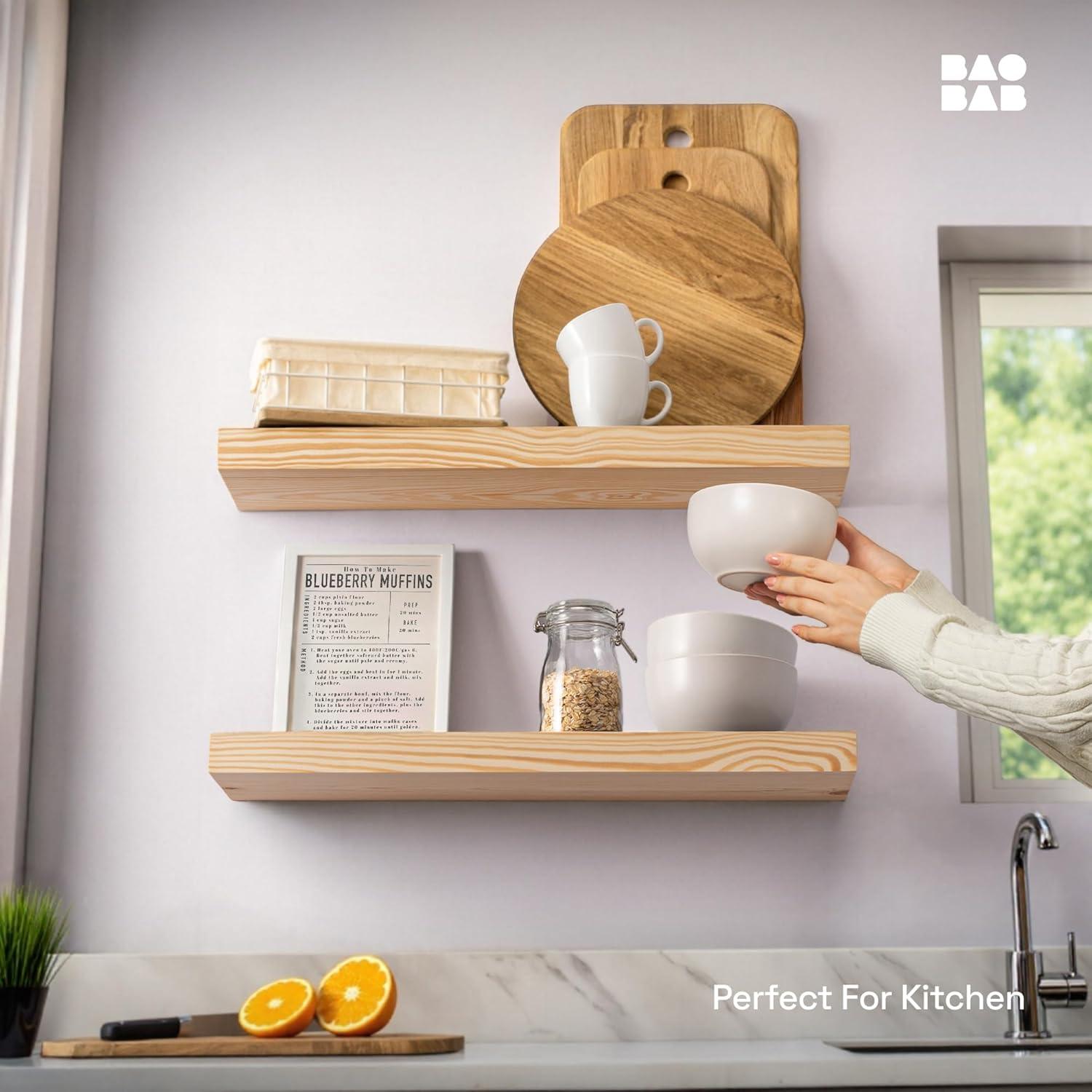 Baobab Workshop Solid Wood Floating Shelves, Wooden Shelves for Wall (Set of 2)