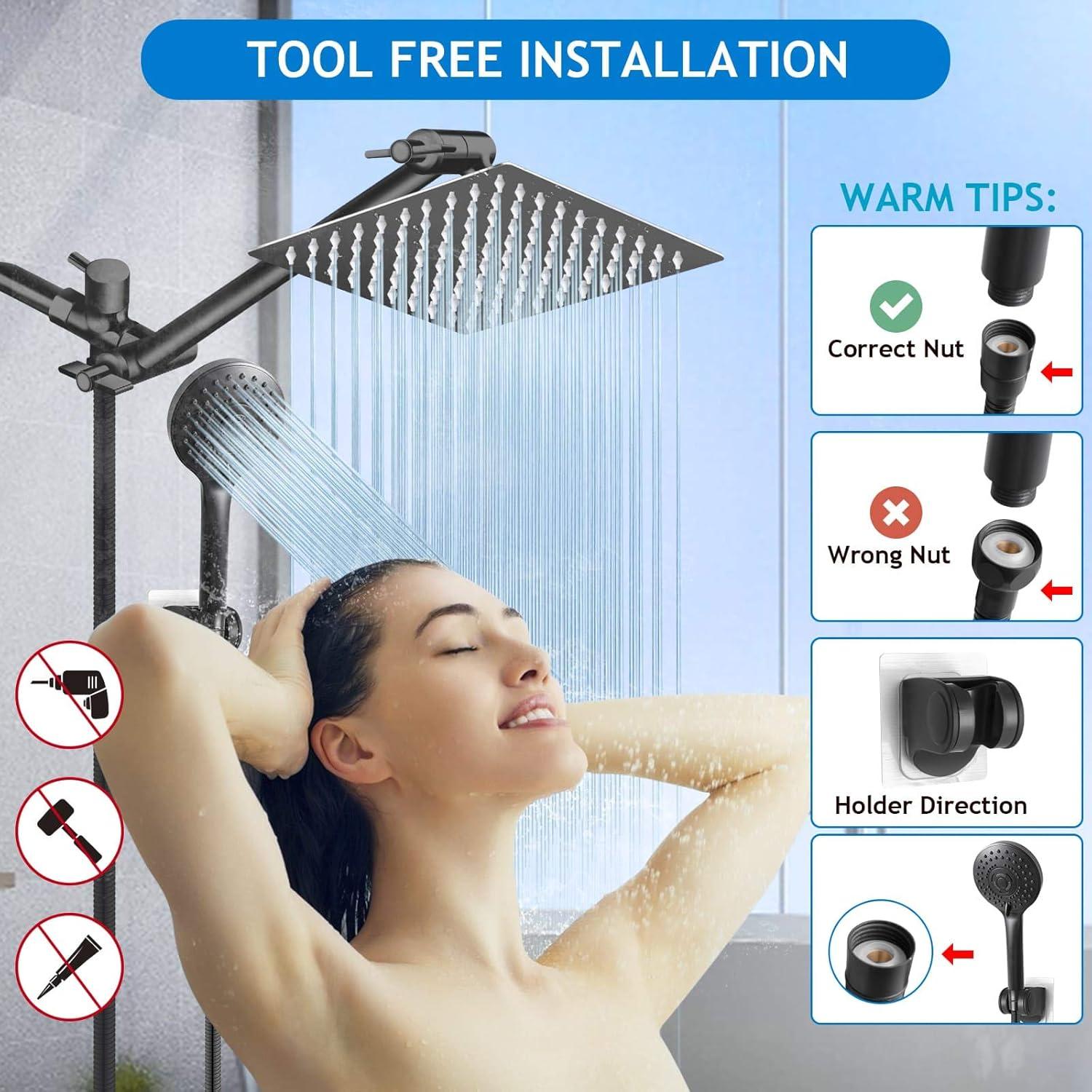 Matte Black 8-Inch Square Rain Shower Head Combo with Handheld