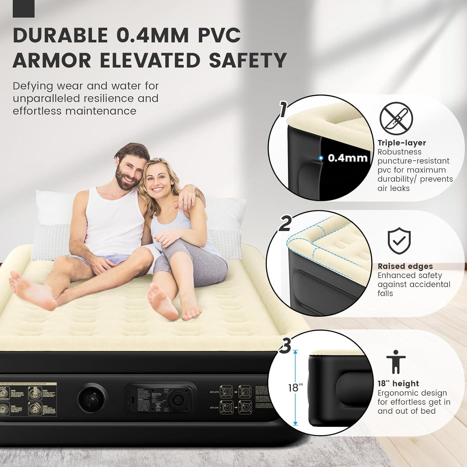 Luxury Air Mattress Queen with Built in Pump, 18'' High Double Blow Up Mattress, Self Inflating Air Bed with Flocked Top and Carry Bag, Durable Portable Airbed for Home Guest and Camping, Blue