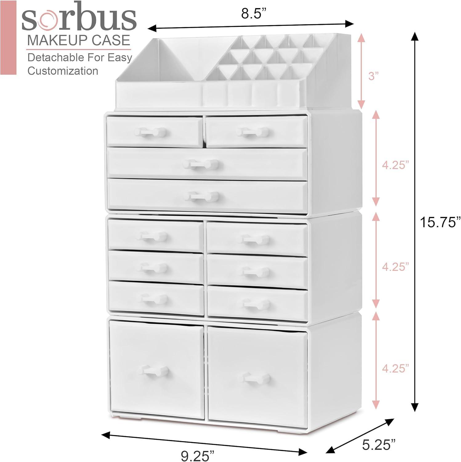 Sorbus Large Makeup Organizer - Stackable Jewelry & Makeup Organizer For Vanity, Bathroom Storage, Dresser - 12 Drawers Cosmetic Beauty Organizers and Storage with Lipstick, Makeup Brush Holder