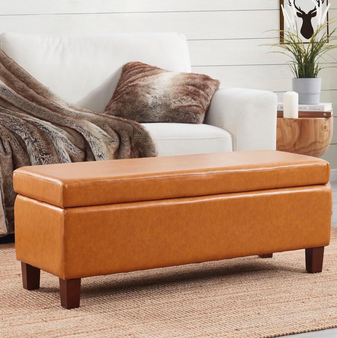 Ornavo Home Storage Ottoman Bench Upholstered Rectangle Storage Ottoman with Hinge Lid for Entryway, Bedroom, Living Room, Faux Leather Cognac