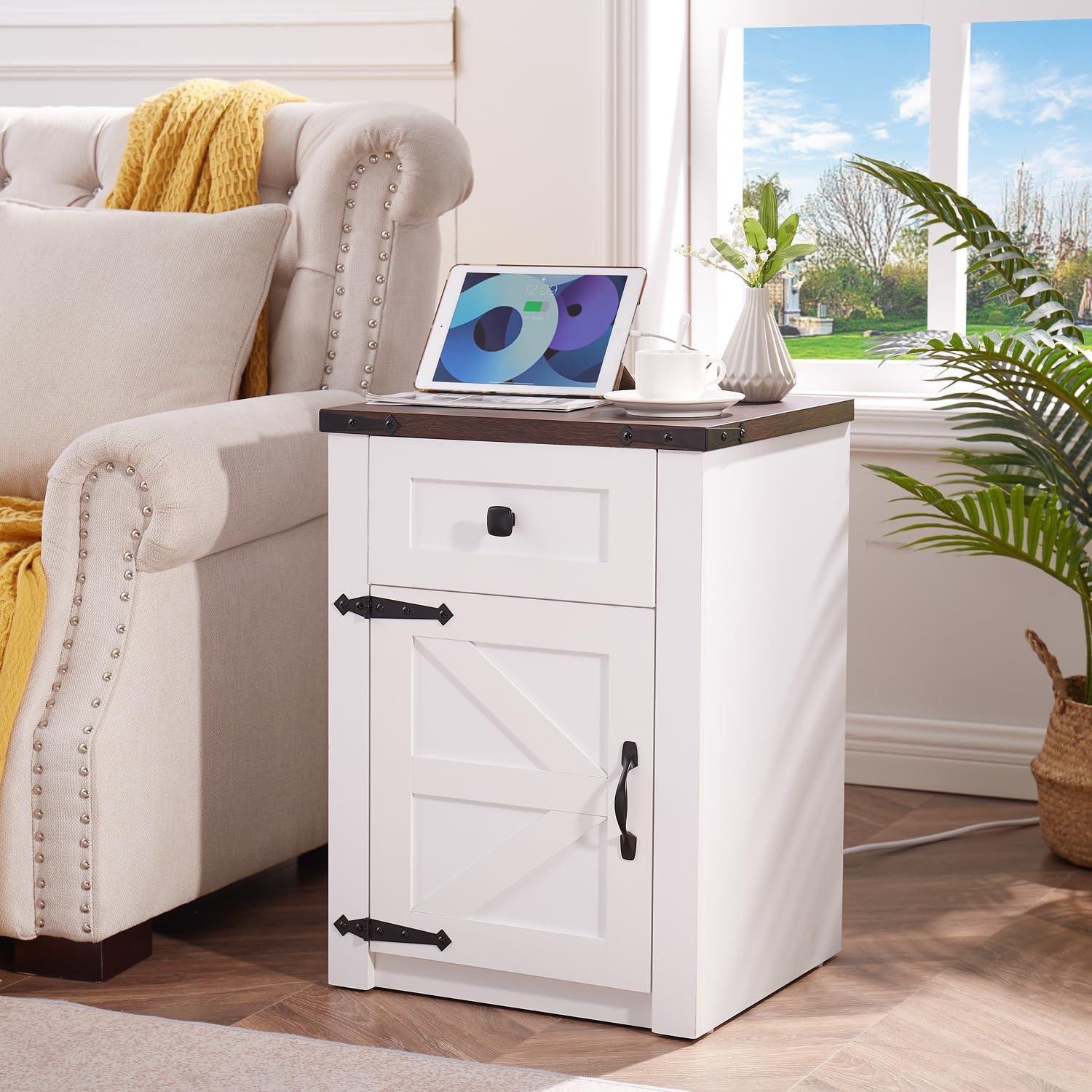 Wood Nightstands with Charging Station End Table Bedside Tables with Barn Door