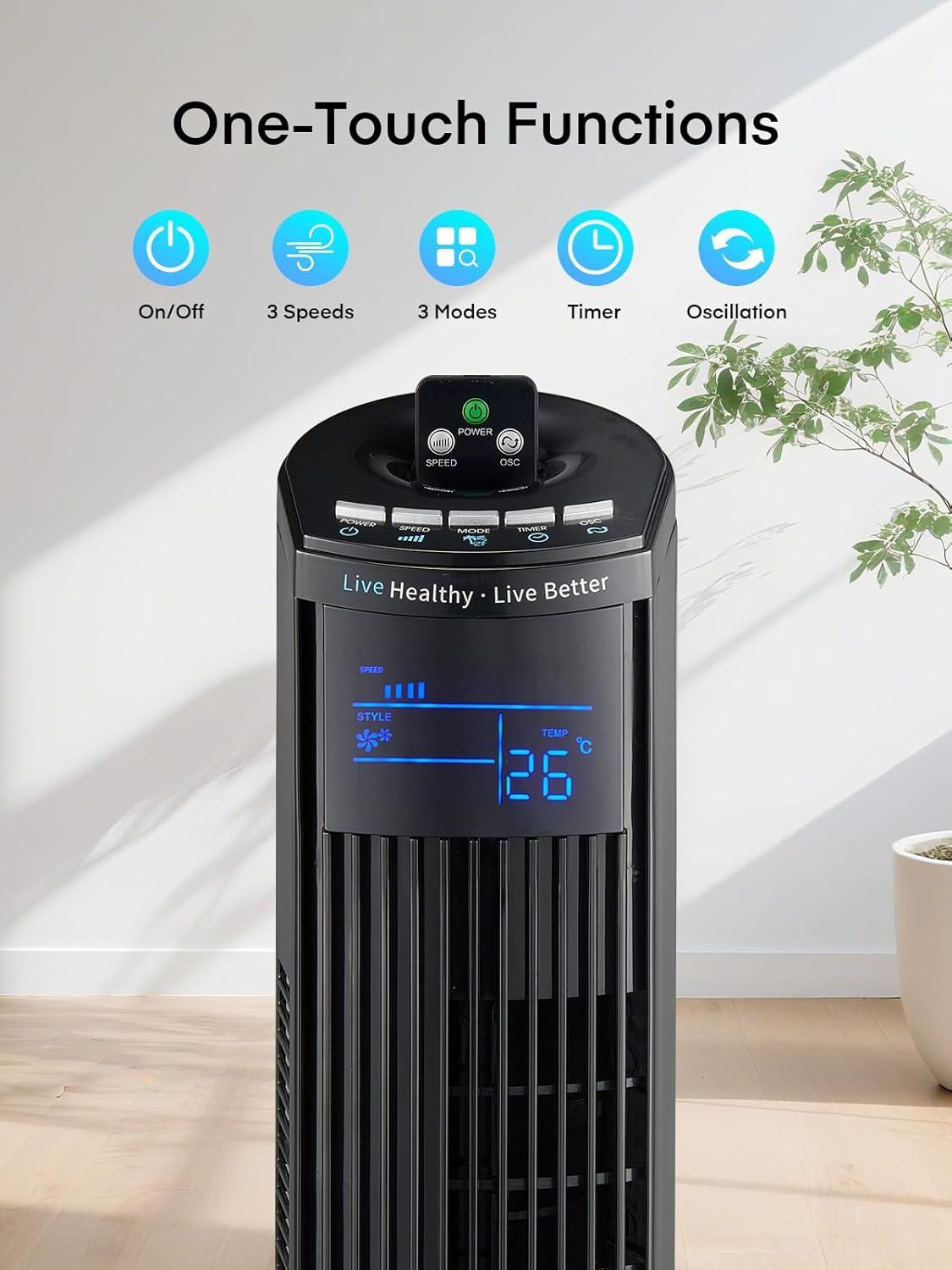 FOHERE Tower Fan, 36" Oscillating Tower Cooling Fan with Remote Control, 12-Hour Timer and Sleep Mode, Portable Stand up Floor Bladeless Fan (Black)