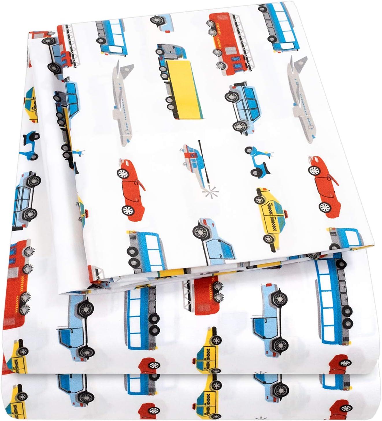 Blue Transportation Print Microfiber Twin Kids Sheet Set