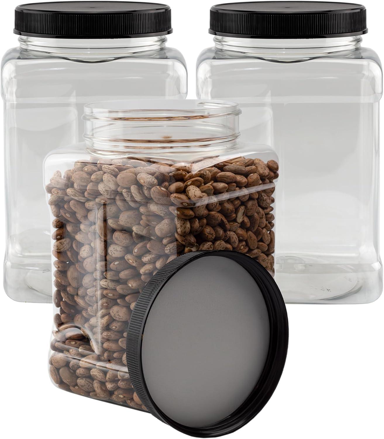Cornucopia Brands 48oz Square Plastic Jars 3pk; Clear Rectangular 6-Cup Canisters w/ Black Lids, Easy-Grip Side