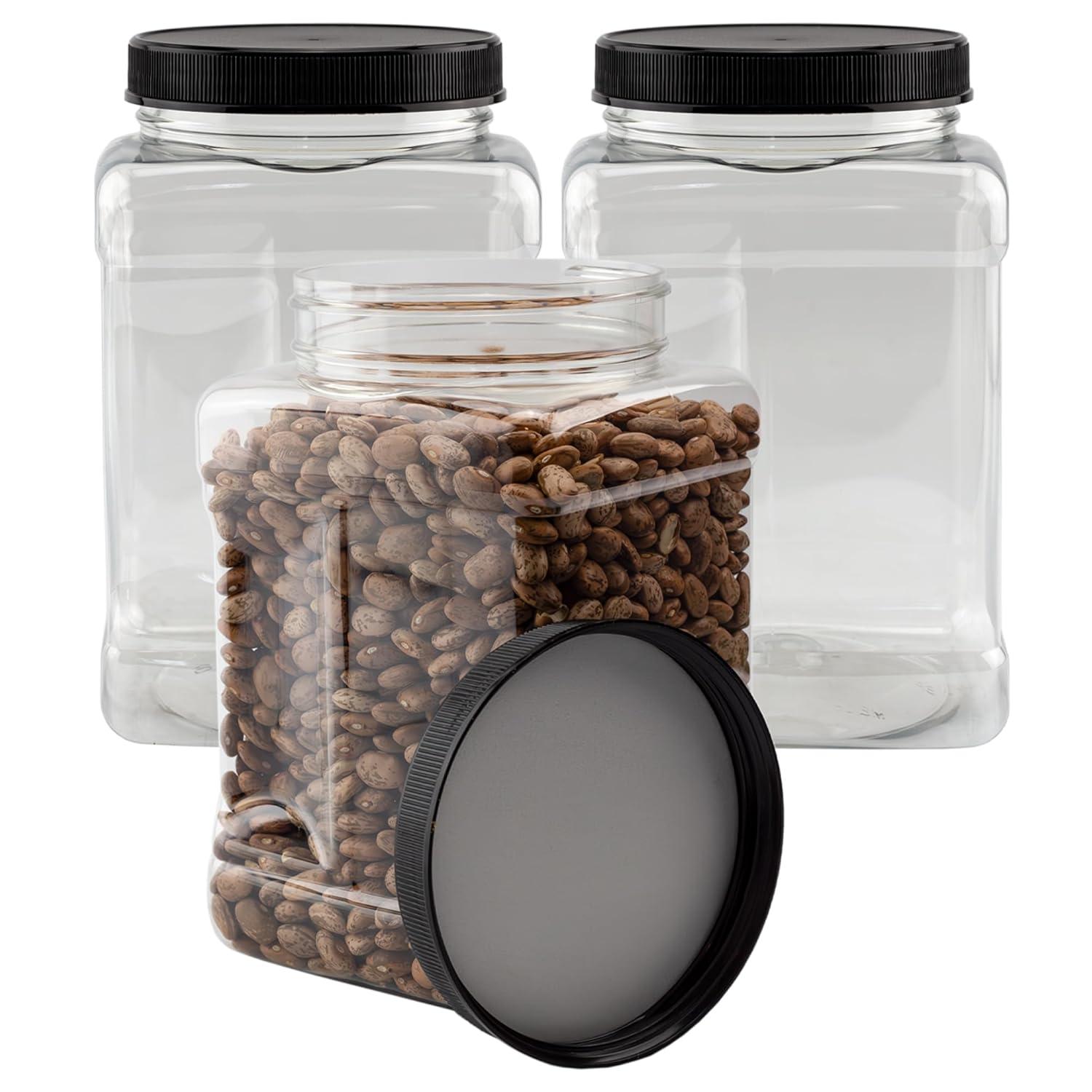 Cornucopia Brands 48oz Square Plastic Jars 3pk; Clear Rectangular 6-Cup Canisters w/ Black Lids, Easy-Grip Side