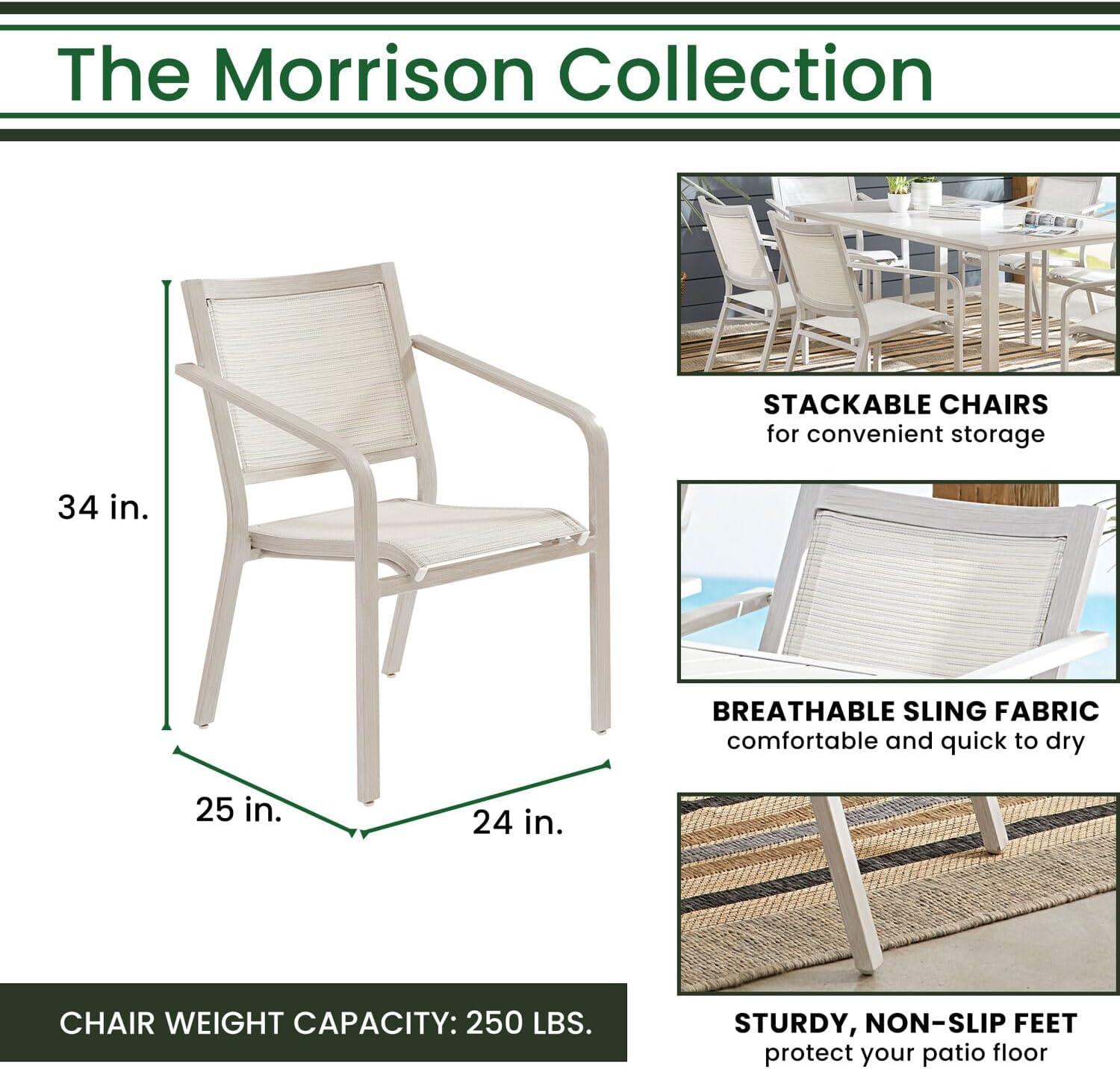 Hanover Morrison 7-Piece Outdoor Costal Dining Set with 6 Aluminum Sling Chairs and Slat Top 66" x 38" Table, Rust-Resistant - MORDN7PC-WHT