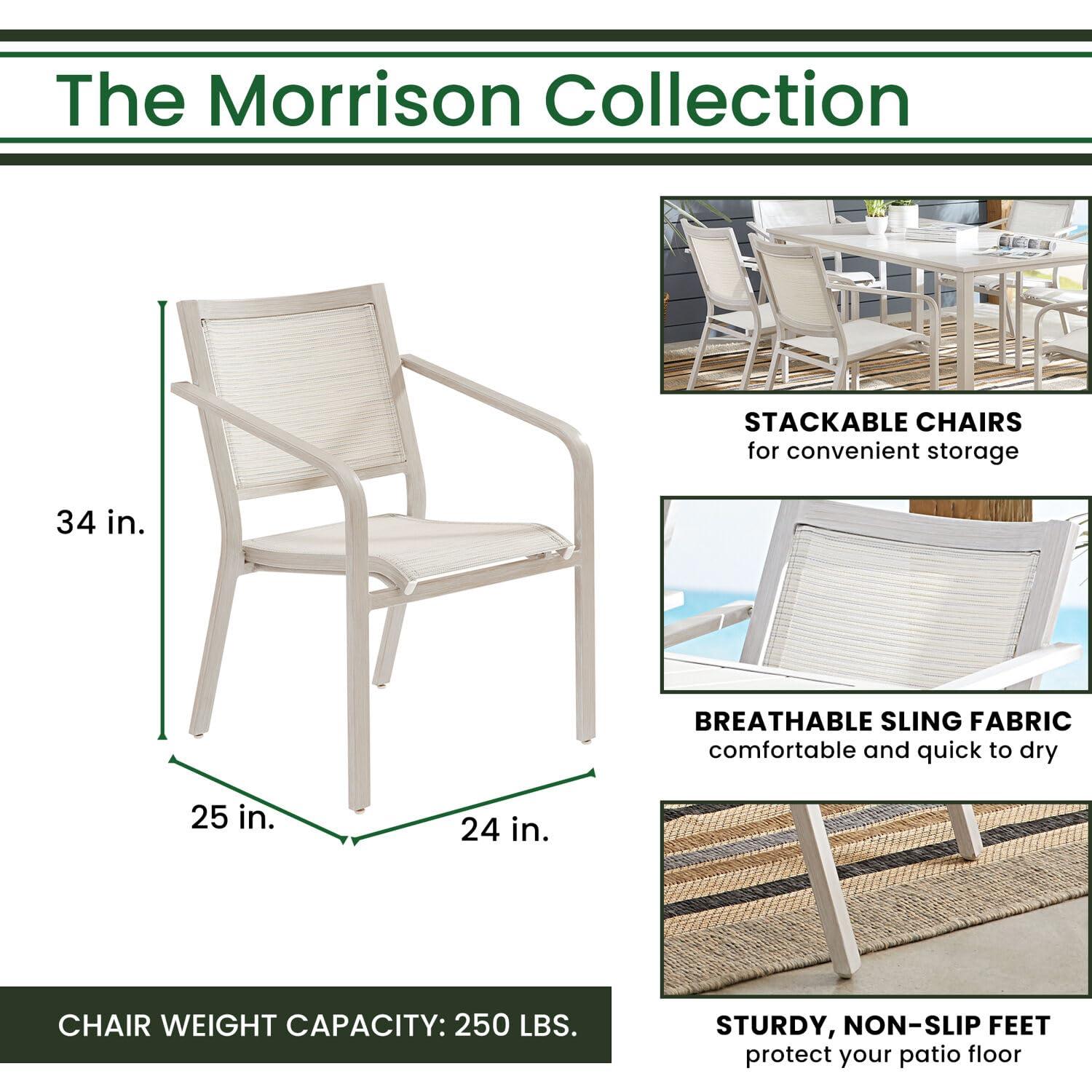 Hanover Morrison 7-Piece Outdoor Costal Dining Set with 6 Aluminum Sling Chairs and Slat Top 66" x 38" Table, Rust-Resistant - MORDN7PC-WHT