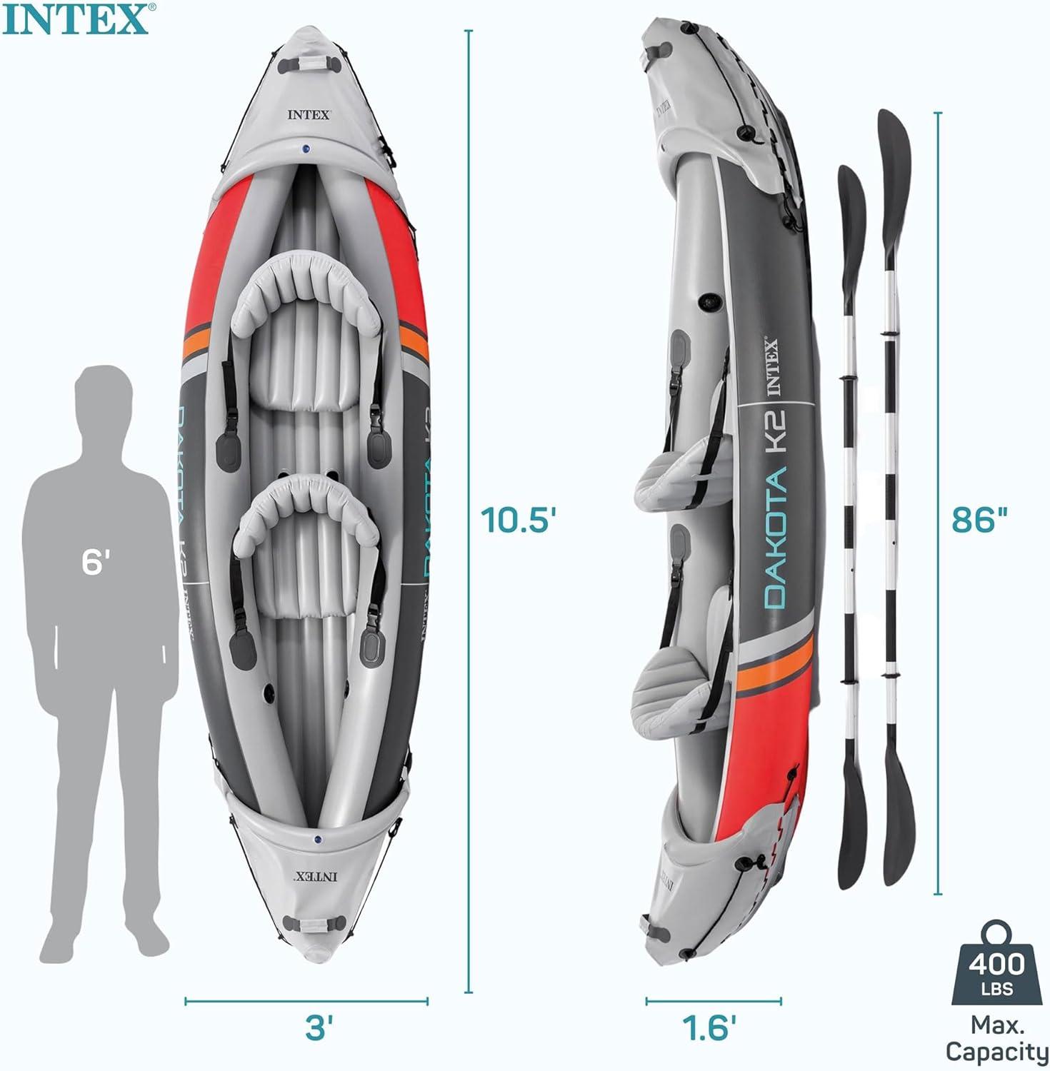 Intex Dakota K2 2 Person Inflatable Vinyl Kayak and Accessory Kit with 86 Inch Oars, Air Pump, and Carry Bag for Lakes and Rivers, Gray and Red