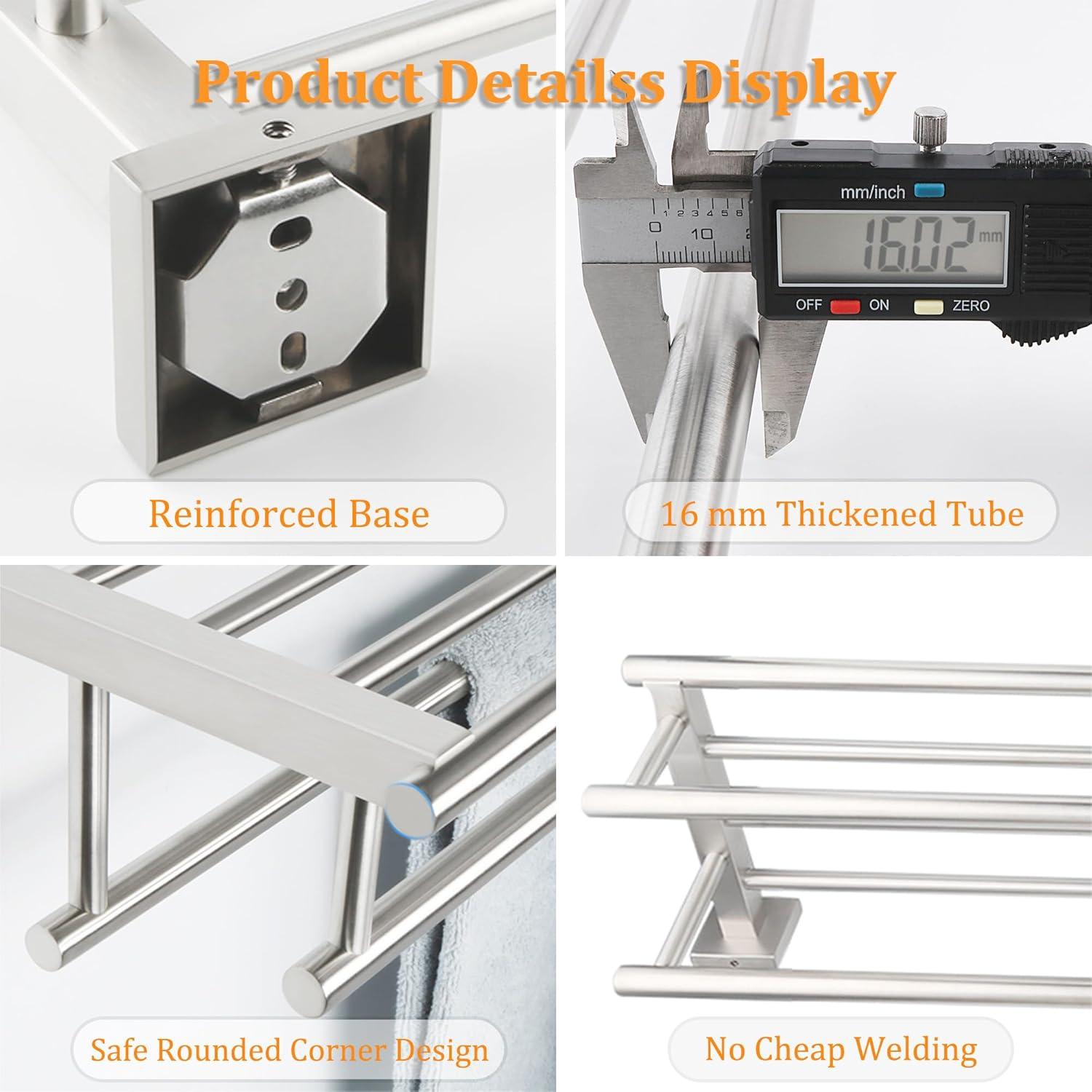 2-Tier 20" Wall Mounted Stainless Steel Bathroom Towel Rack With 2 Towel Bars Round Rods