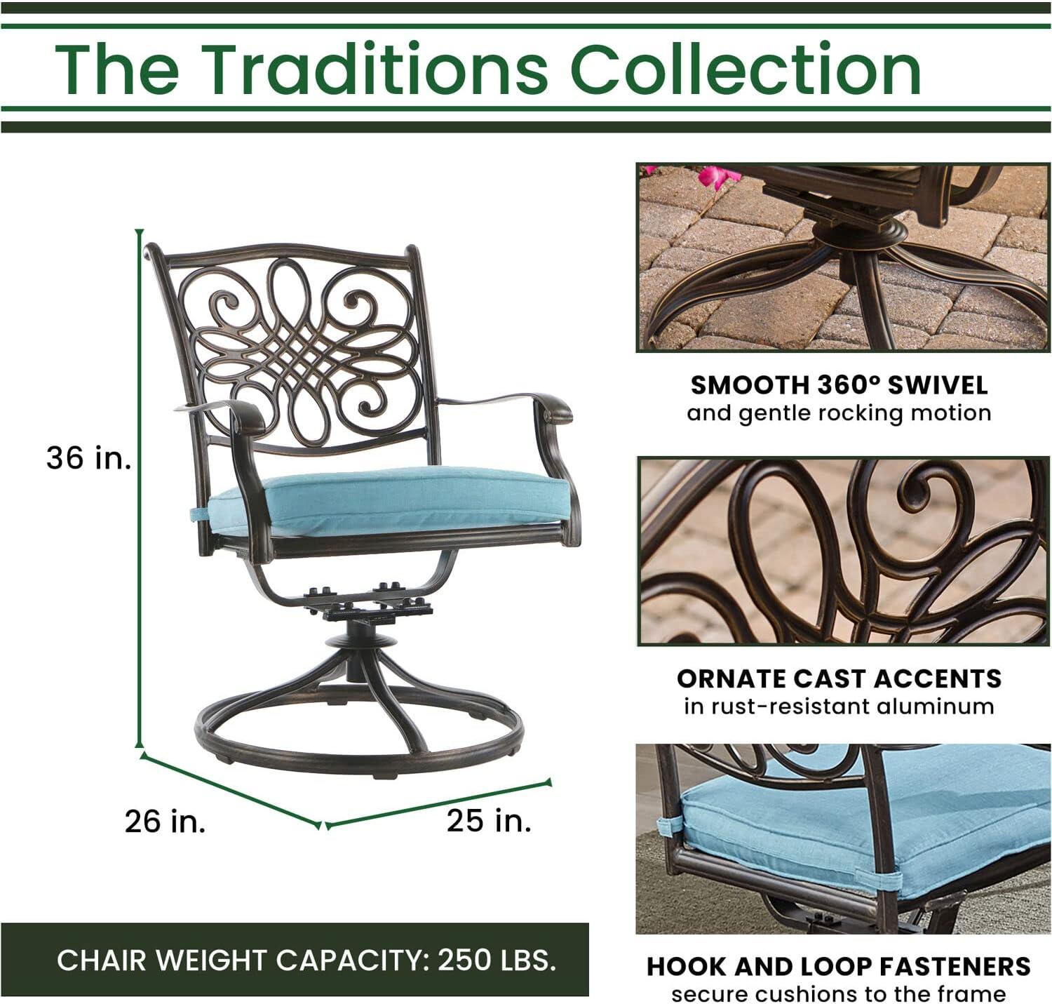 Elegant Traditions 3-Piece Cast Aluminum Swivel Bistro Set with Blue Cushions