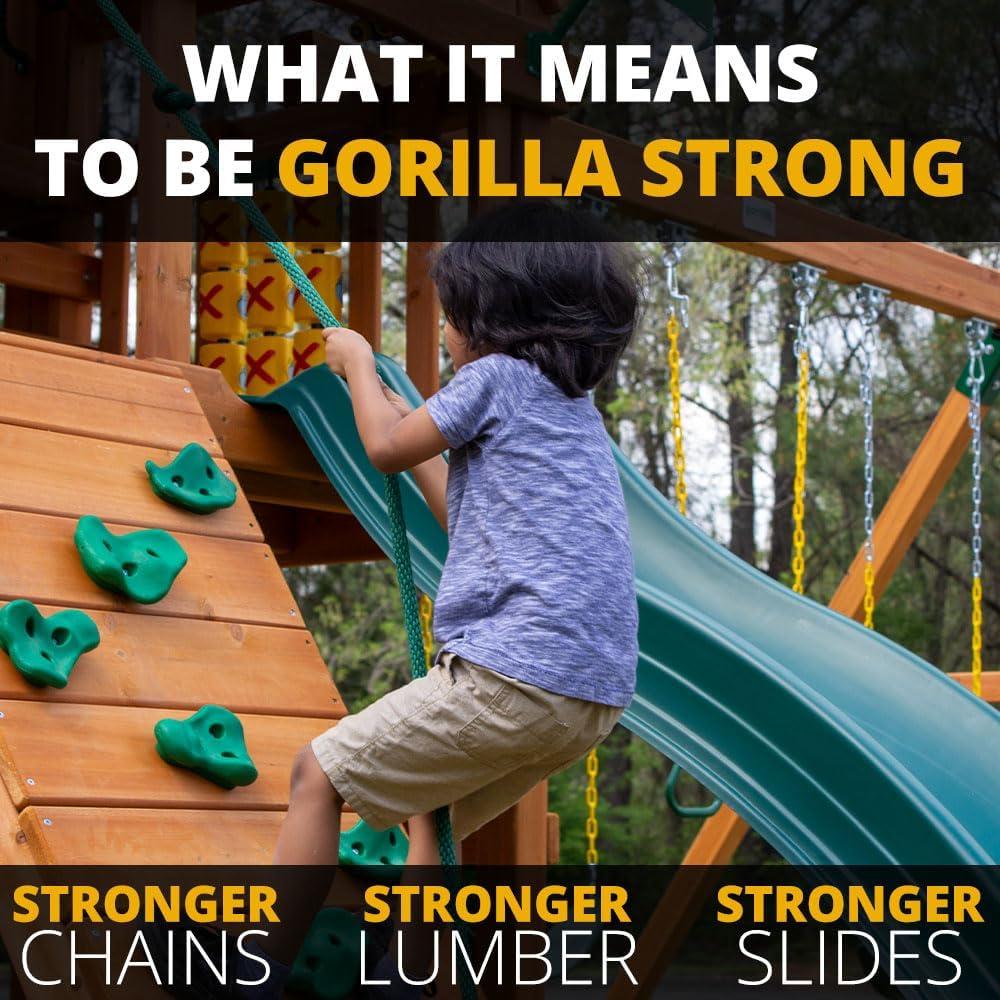 Gorilla Playsets Empire Wooden Swing Set with 2 Solar Wall Lights, Monkey Bars, and 3 Slides