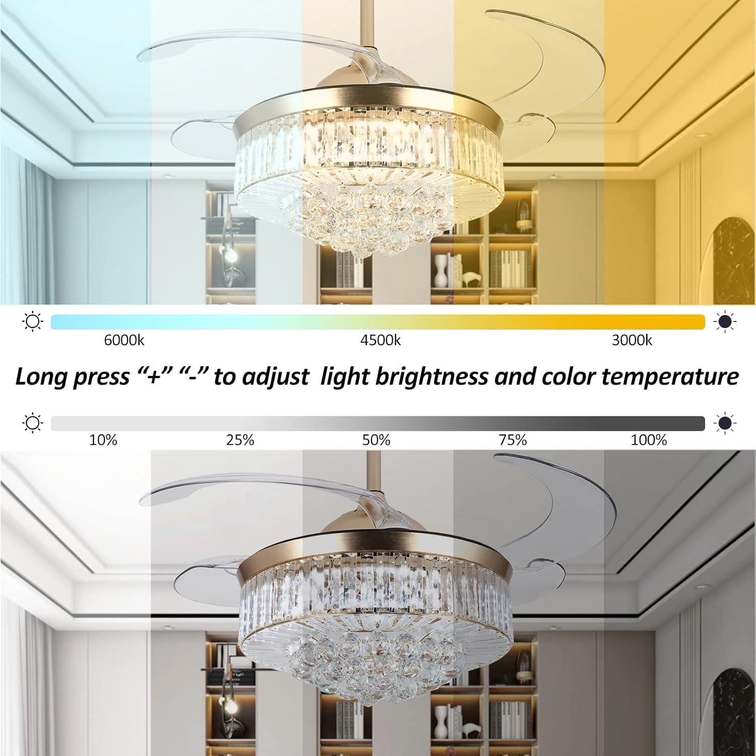 Panghuhu88 42" Invisible Ceiling Fan Chandelier Light,Modern Crystal Ceiling Fan Light Remote Control 4 Retractable ABS Blades for Bedroom Living Room Dining Room Decoration