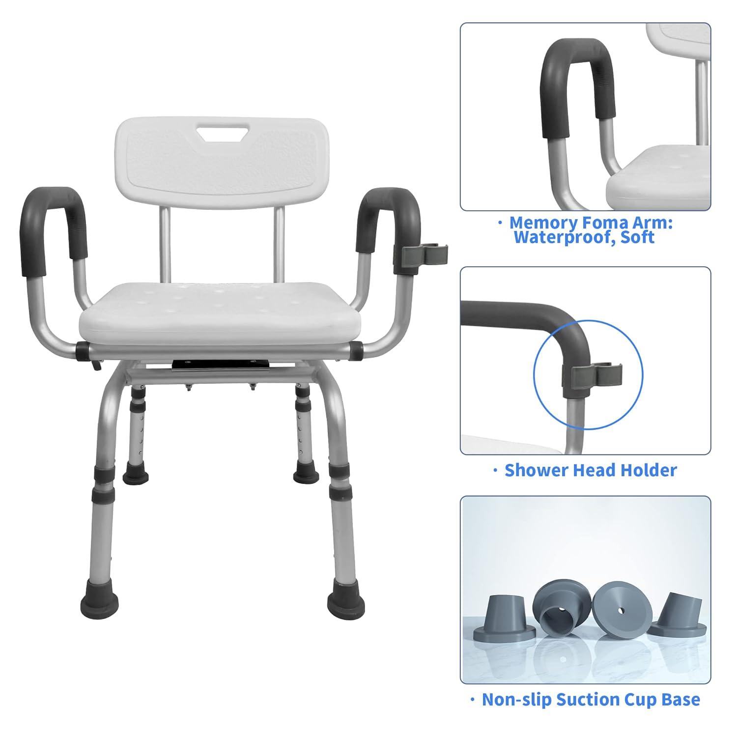 Swivel Shower Chair - Rotating, Pivoting, Height Adjustable Bath Chair for Seniors with Shower Head Holder