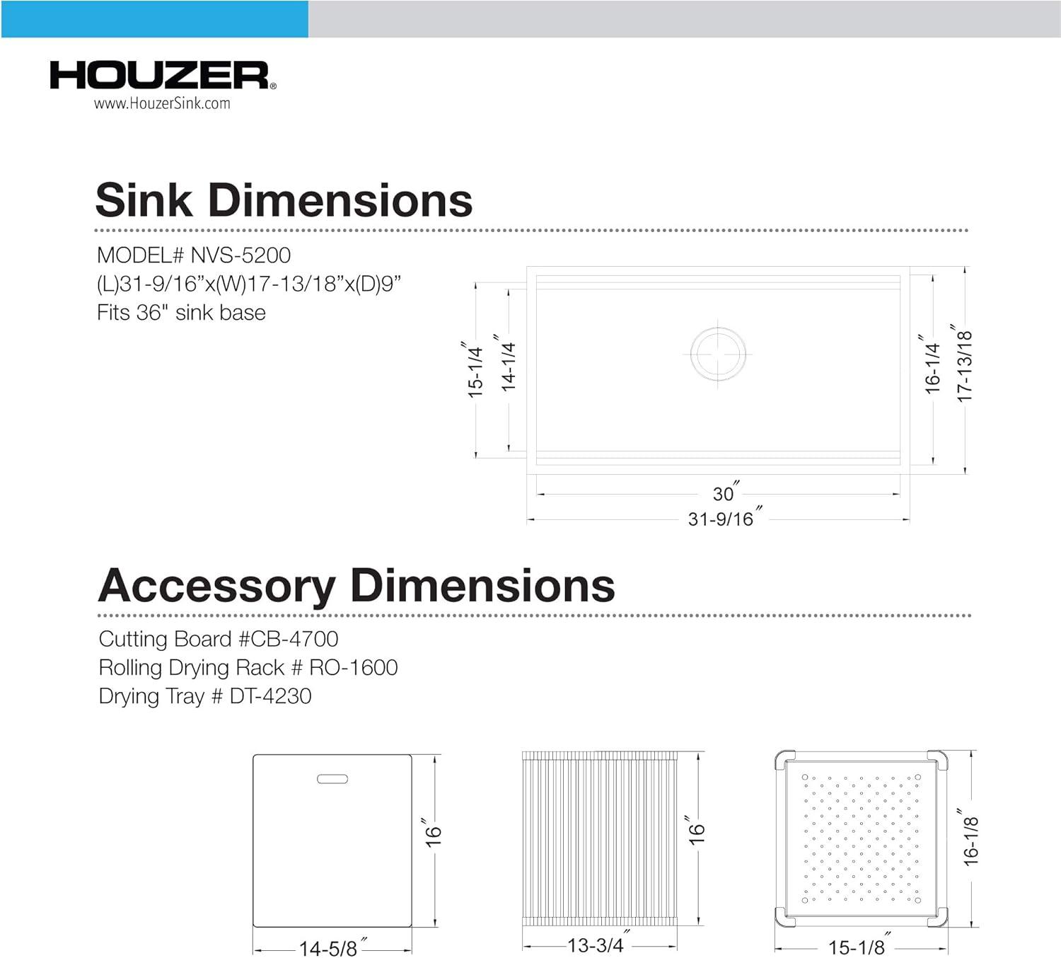 Houzer Novus Undermount Sliding Dual Deck Stainless Steel 32" Single Bowl Kitchen Sink, Includes Acc