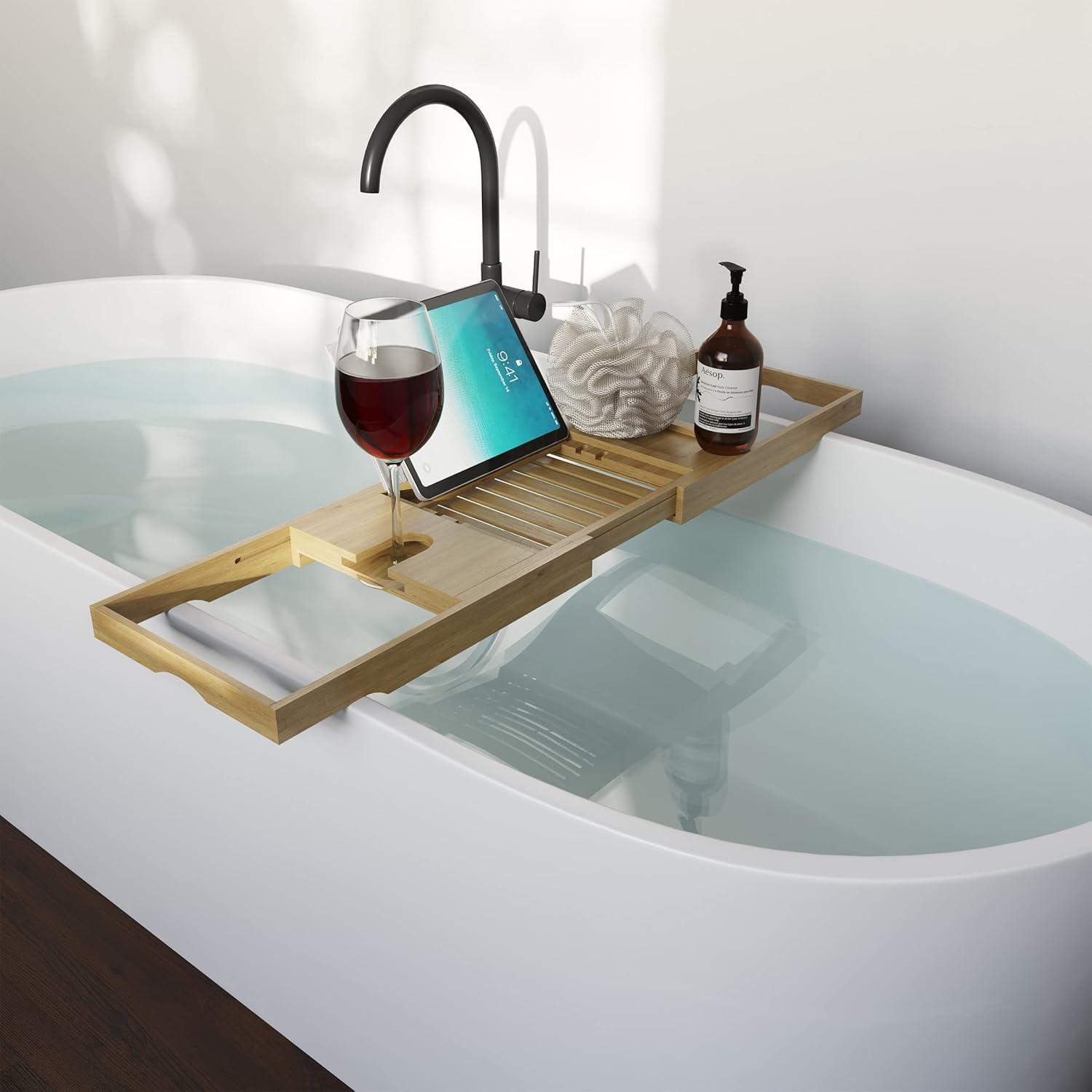 Acacia Bathtub Tray - Natural Wood Tray with Extended Sides, Glass Holder, Book, Phone, or Tablet Rest - For Bath Accessories by Home-Complete