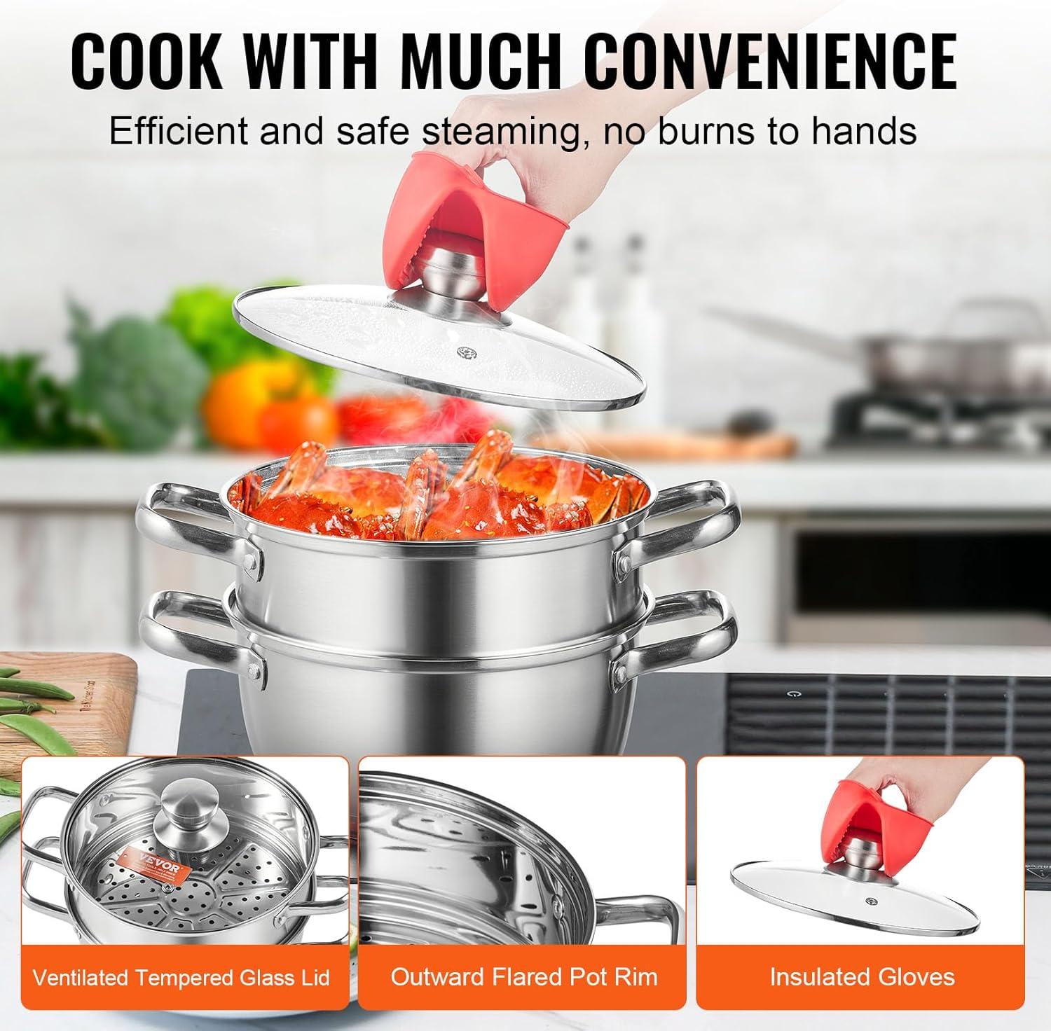 Steamer Pot 9.5 in. Steamer Pot for Cooking with 5 qt. Stock Pot and Vegetable Steamer Stainless Steel Food Steamer