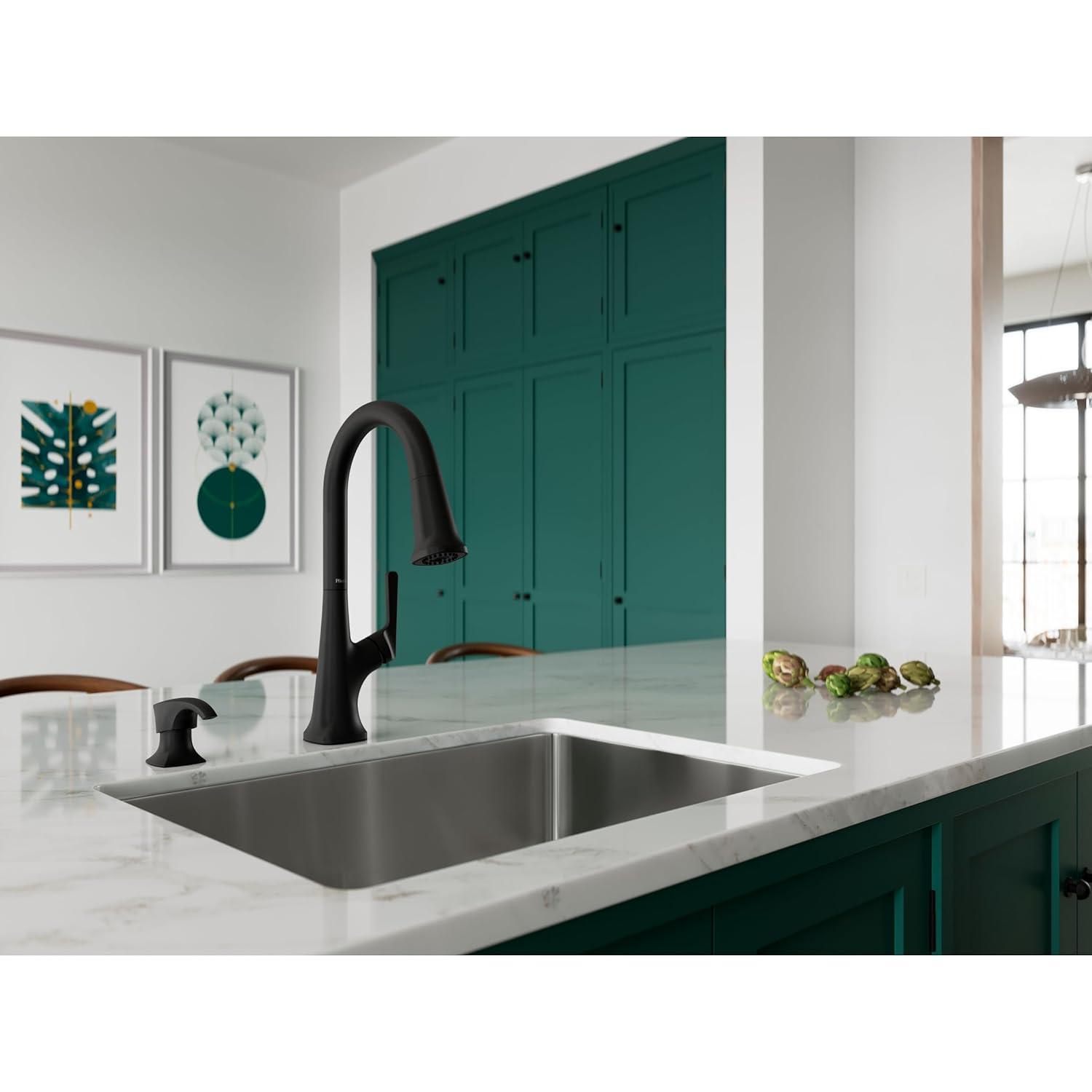 Pfister Ridgeline Kitchen Faucet with Pull Down Sprayer and Soap Dispenser, Single Handle, High Arc, NSF Certified, Spot Defense Matte Black Finish, F5297RGSDB