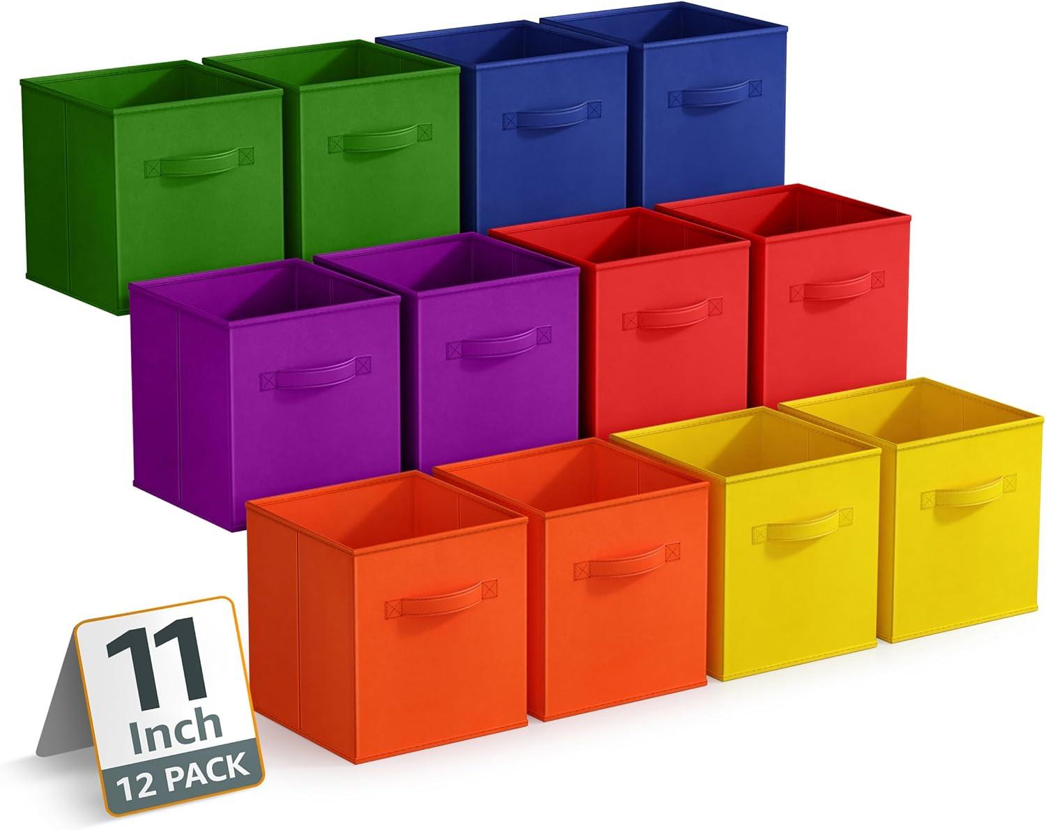 Sorbus 11 Inch Collapsible Fabric Storage Cubes, 12 Foldable Baskets for Organizing for Closet, Shelves, Clothes, Toys, Books, Deep Multi Color