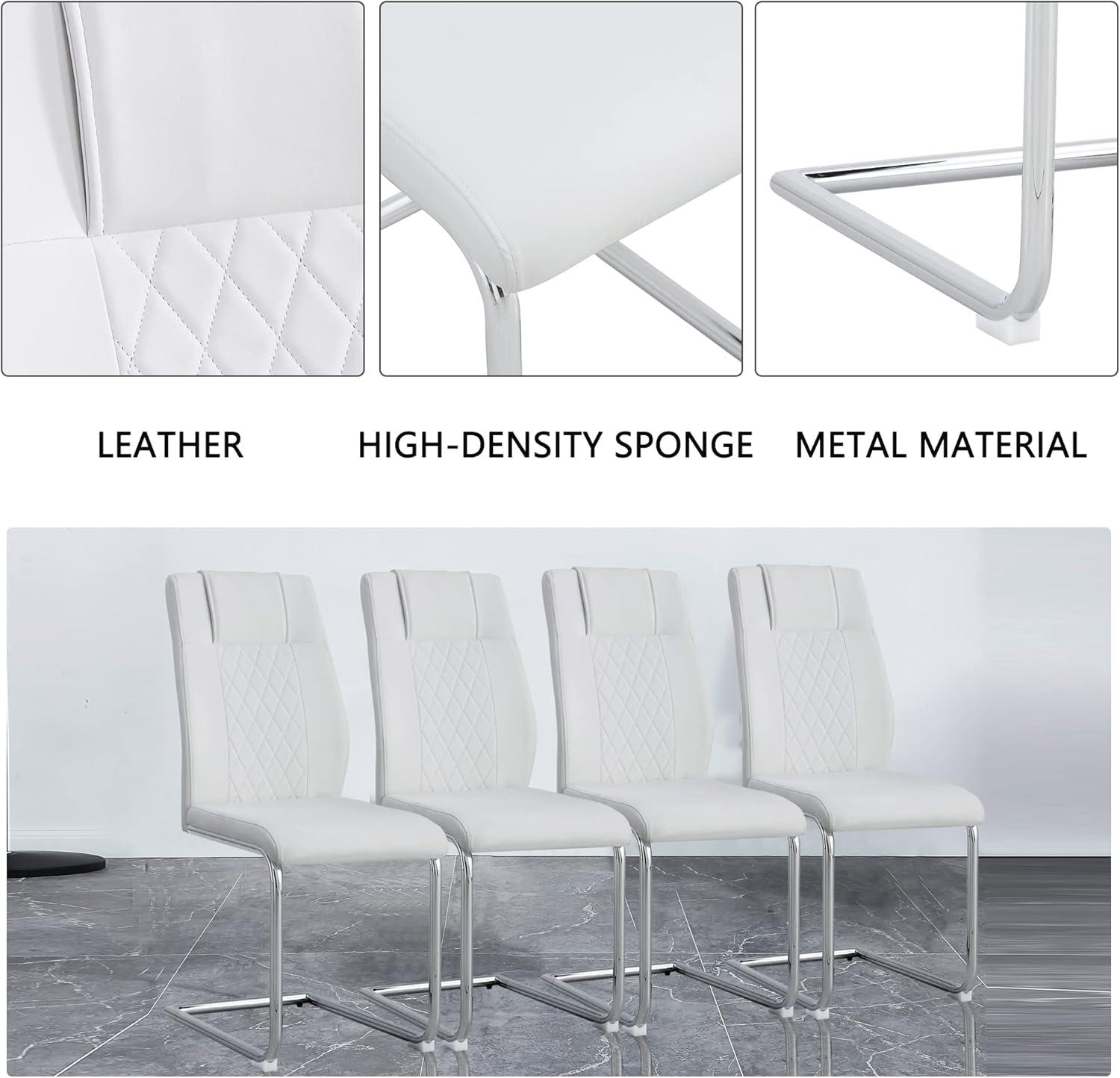 Faux Leather Dining Chairs Set of 4, PU Leather Accent Chairs with Backrest, Metal Legs, 4pcs Armless Parsons Chair for Bed Room,Kitchen, Living Room, White+Silver