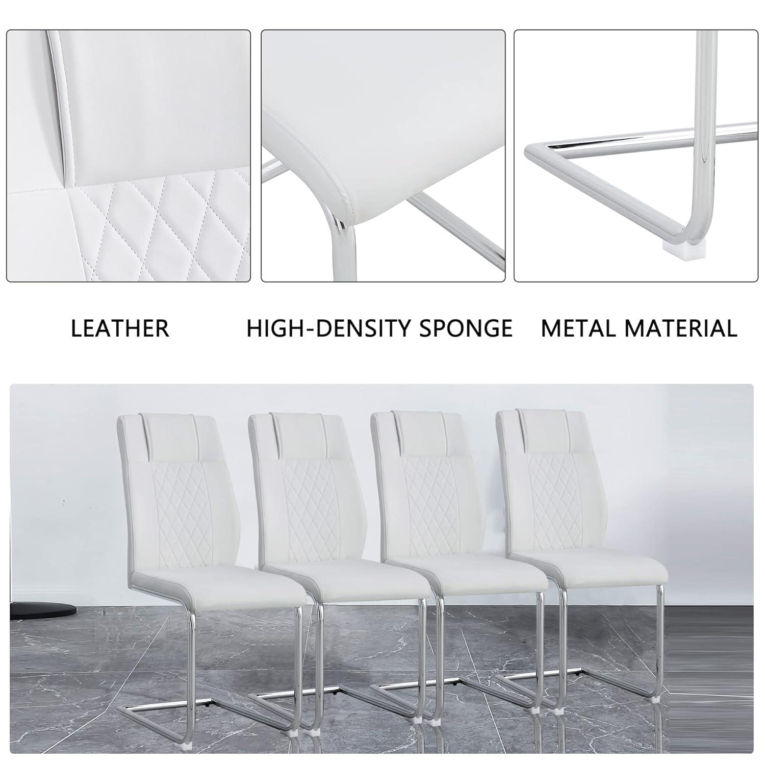 Faux Leather Dining Chairs Set of 4, PU Leather Accent Chairs with Backrest, Metal Legs, 4pcs Armless Parsons Chair for Bed Room,Kitchen, Living Room, White+Silver