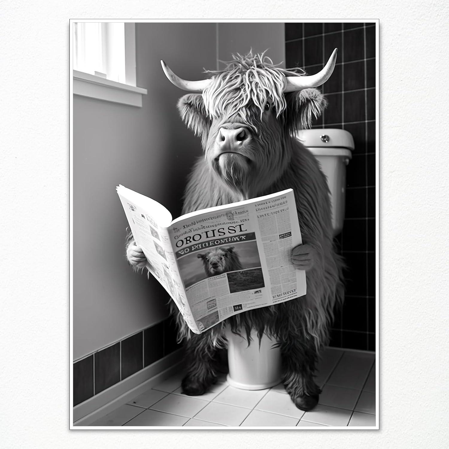 Yaasilinage Highland Cow Canvas Wall Art, Cow Sitting on The Toilet Reading Newspaper Print Poster, Funny Animal Bathroom Pictures for Toilet Guest Room Wall Decor 12x16in Unframed