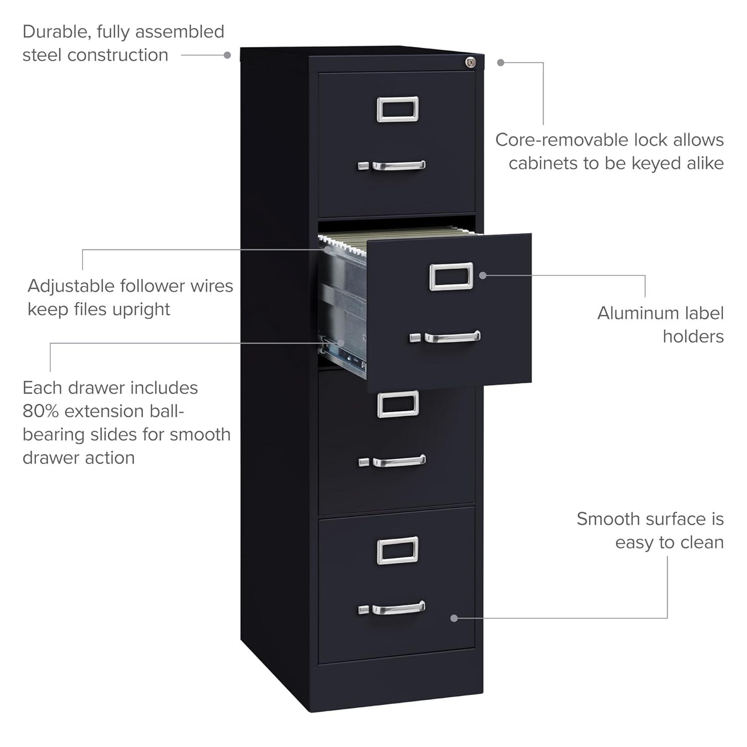 Hirsh Vertical File Cabinet 4 Drawer 22" - Black: Steel Office Filing, GreenGuard & ANSI/BIFMA Certified, No Assembly Required