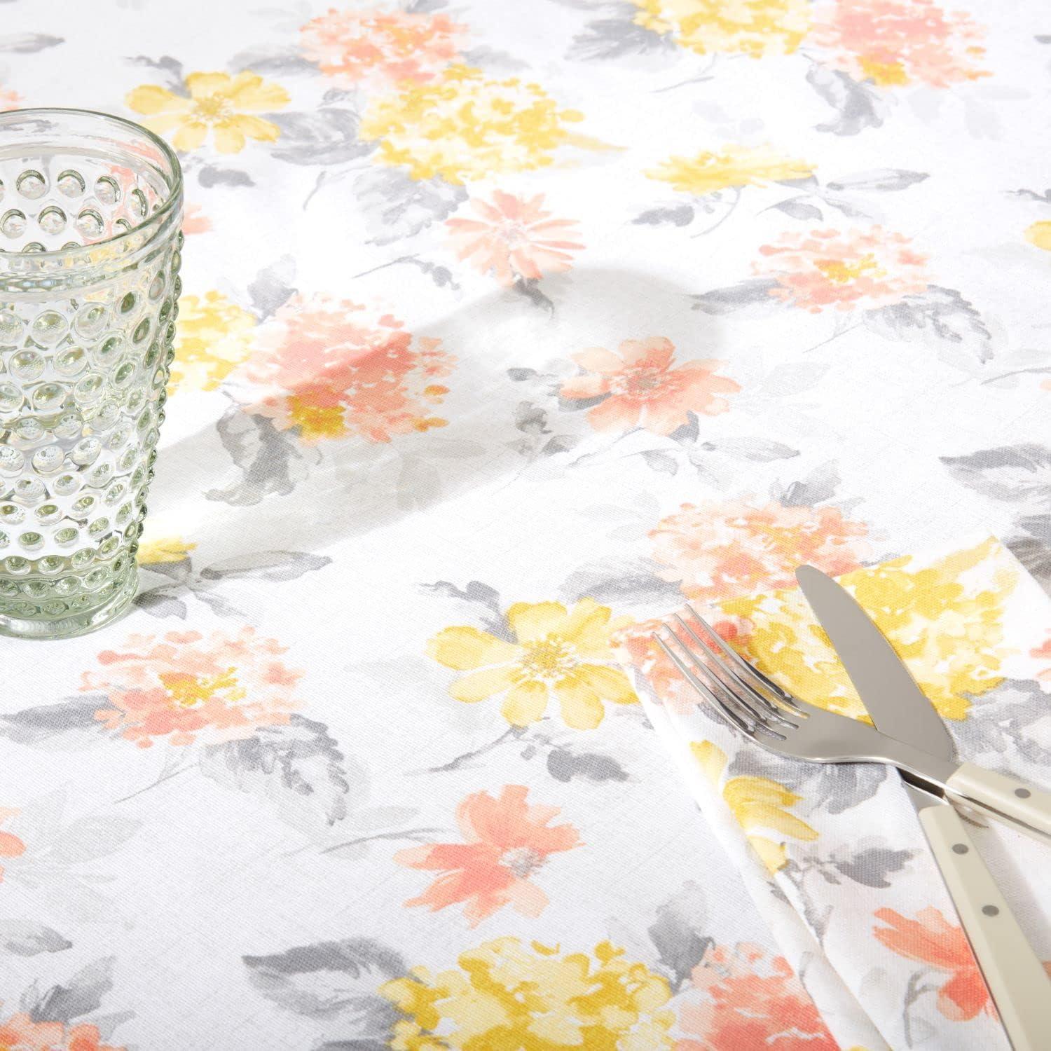 Amber Floral Yellow and Coral Cotton Polyester Tablecloth