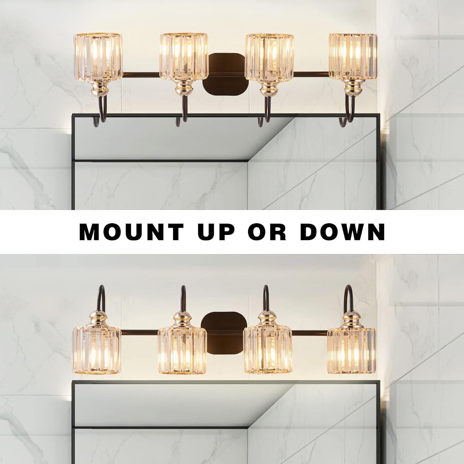 ExBriteUSA 4-Light Wide Gold Crystal Bathroom Vanity Lights,
