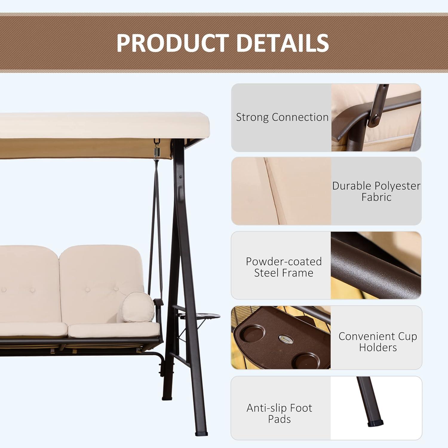 Outsunny 3-Seat Outdoor Patio Swing with Adjustable Tilt Canopy, Cushions, Pillow, Steel Frame, Side Tray, Cup Holder, Beige