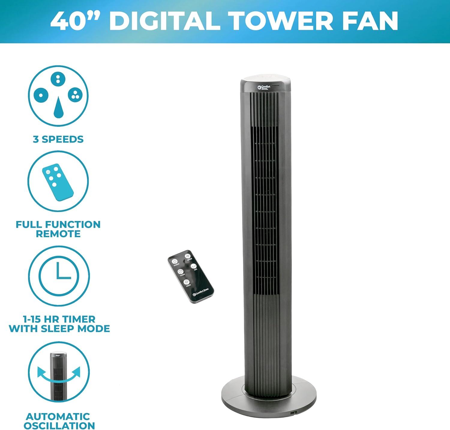 Comfort Zone 40" Oscillating Portable Tower Fan with Remote, 3 Speed, Timer Function, Built-in Carry Handle, Quiet Operation, Ideal for Home, Bedroom, or Office, CZ12394