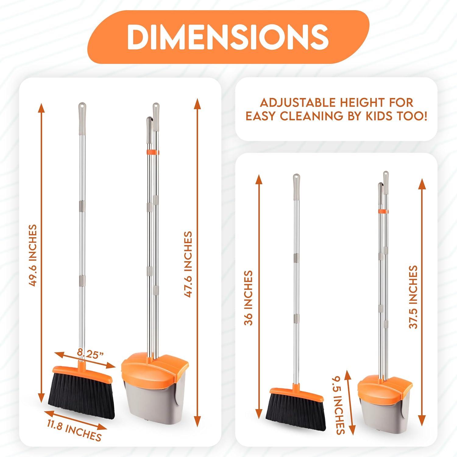 Adjustable Stainless Steel Broom and Dustpan Set with Orange Handle