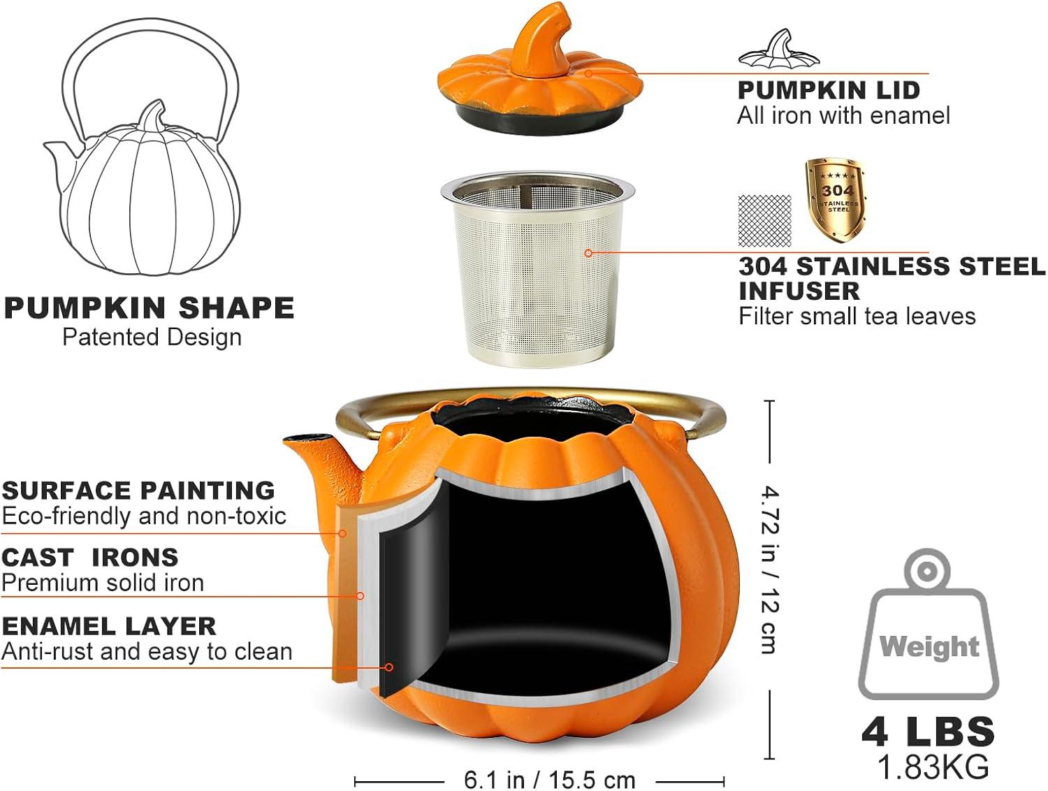 Ophelia & Co. Orange Pumpkin Cast Iron Teapot, Natural Pumpkin Color, Japanese Cast Iron Tea Kettle Stovetop Safe With Infuser, Creative Pumpkin Halloween Teapot(40Oz/1200Ml, Orange)