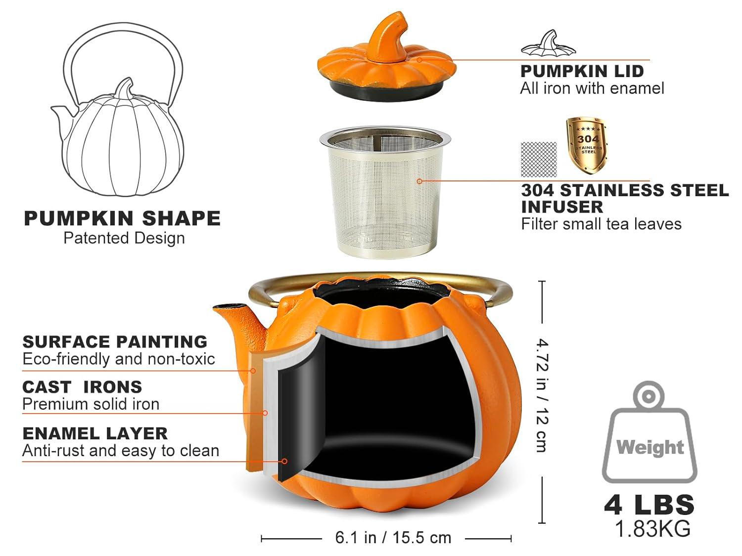 Ophelia & Co. Orange Pumpkin Cast Iron Teapot, Natural Pumpkin Color, Japanese Cast Iron Tea Kettle Stovetop Safe With Infuser, Creative Pumpkin Halloween Teapot(40Oz/1200Ml, Orange)