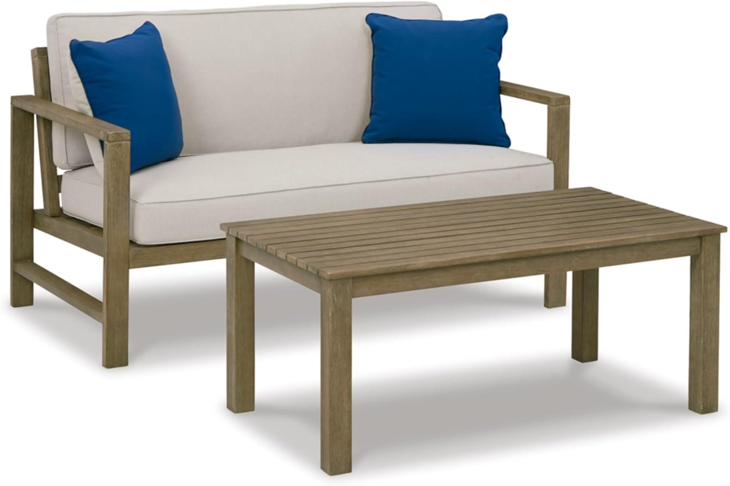 Light Brown Eucalyptus Wood Outdoor Loveseat with Table Set