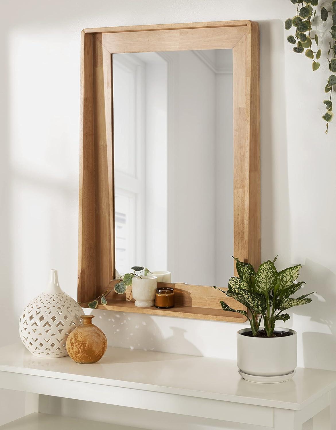 Natural Wood Rectangular Vanity Mirror with Shelf