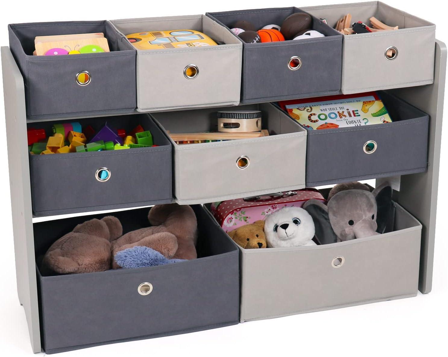 Gray 3-Tier Kids' Toy Organizer with 9 Fabric Bins