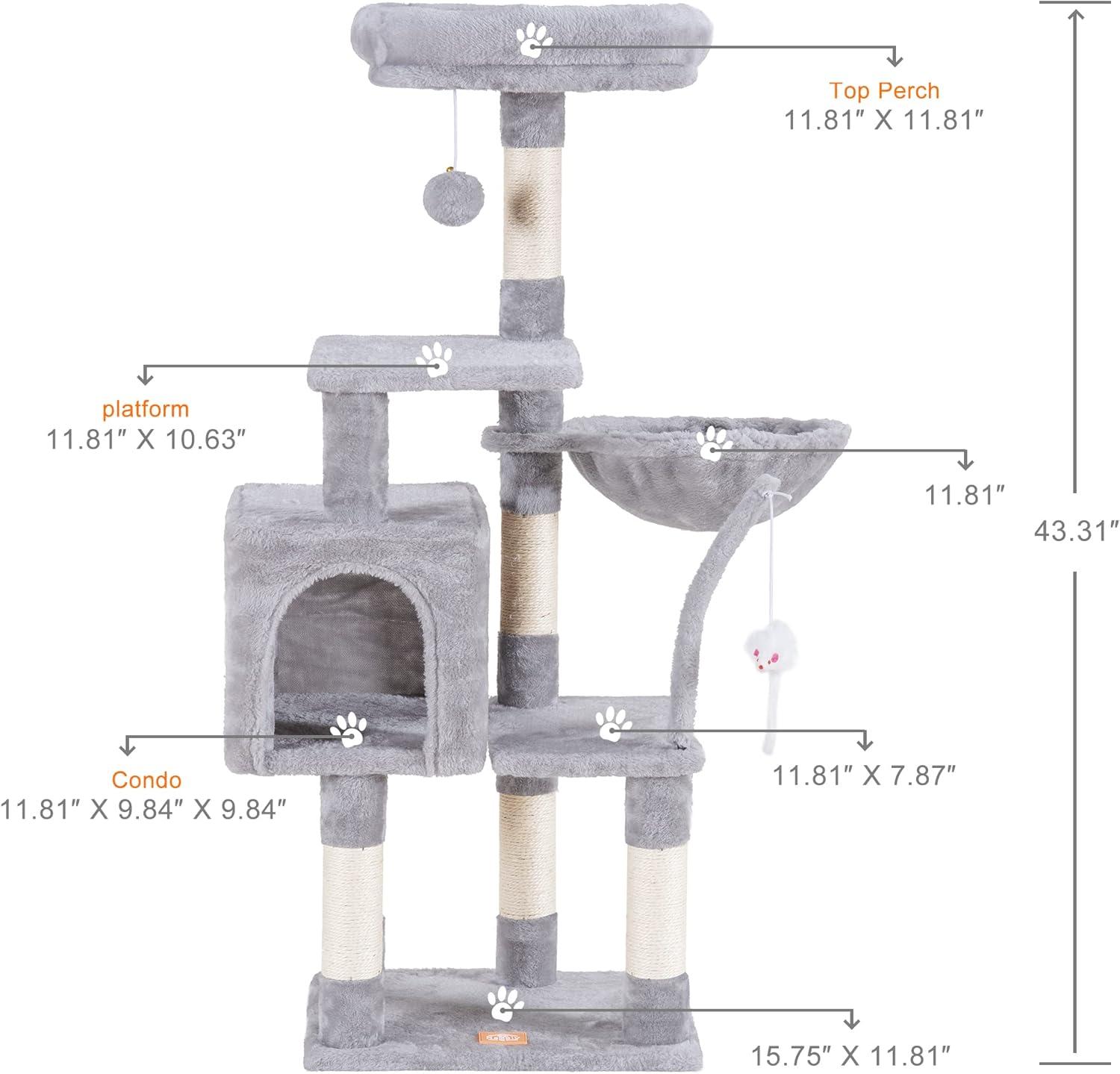 Cat Tree with Toy, Cat Tower condo for Indoor Cats, Cat House with Padded Plush Perch, Cozy Hammock and Sisal Scratching Posts, Light Gray