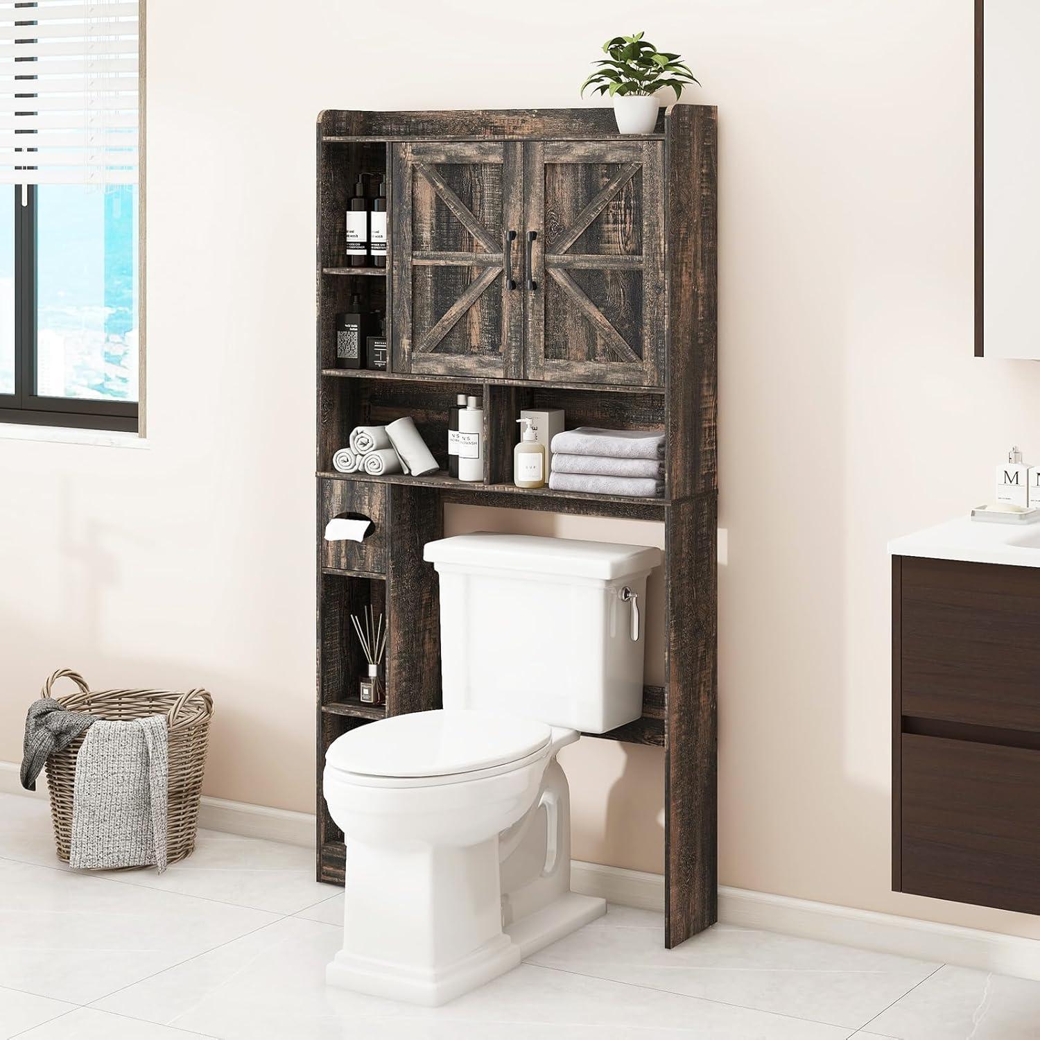 Over The Toilet Storage Cabinet, with 2 Barn Doors & Toilet Paper Holder Stand