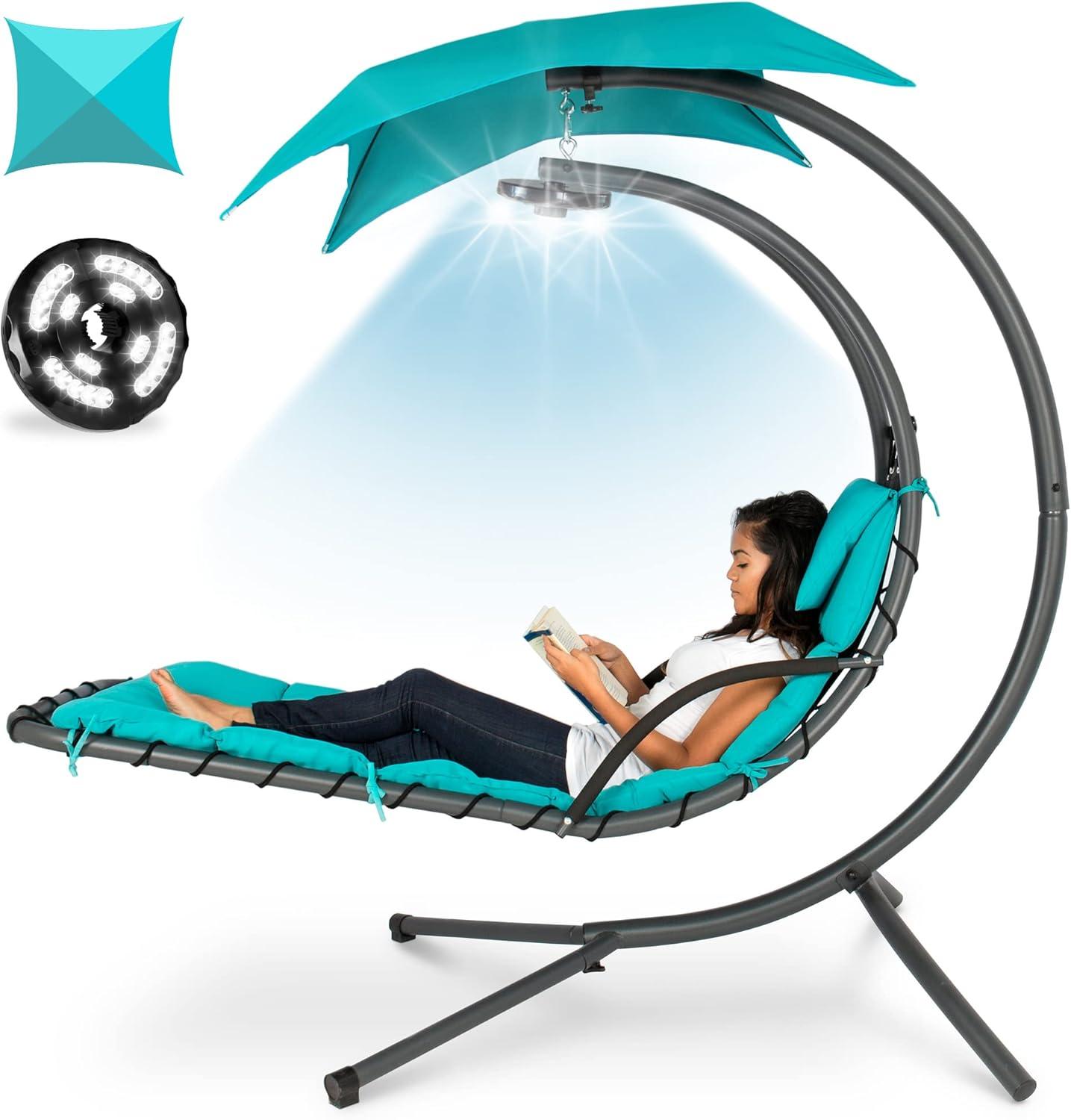 Best Choice Products Hanging LED-Lit Curved Chaise Lounge Chair for Backyard, Patio w/ Pillow, Canopy, Stand - Teal