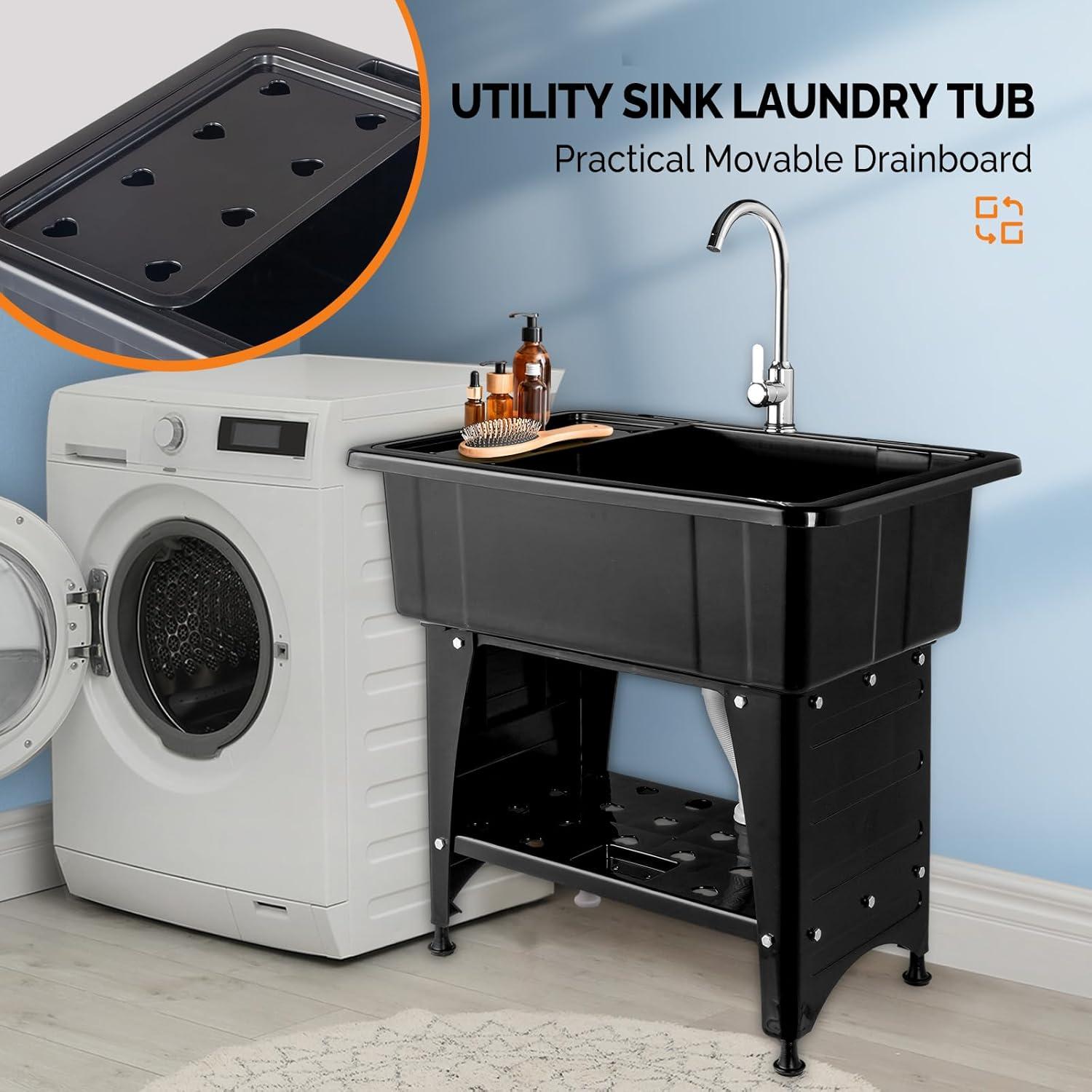 Utility Washing Room Sink Laundry Tub with Faucet & Shelf & Drainboard