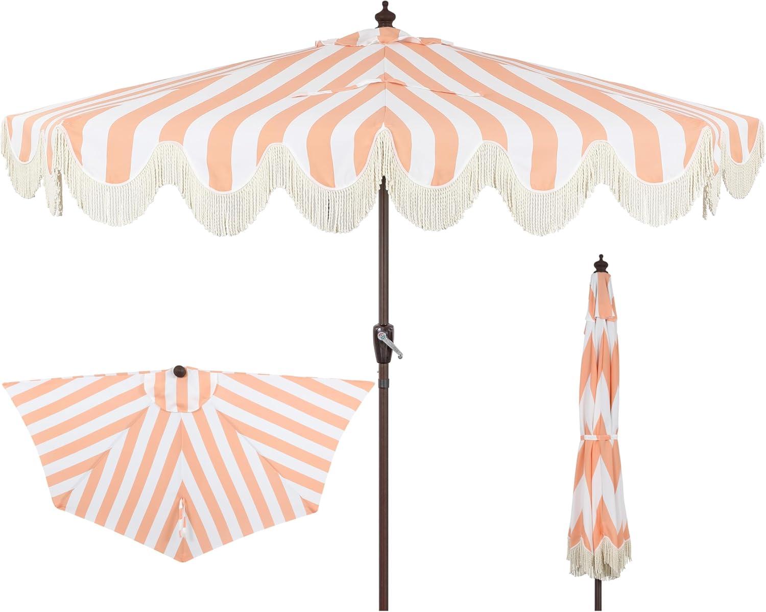 JONATHAN Y Half Umbrella UMB1201E Beverly 9 ft. Designer Classic Scalloped Fringe Market Patio with Crank, Push Button Tilt and UV Protection in Coral Pink/White