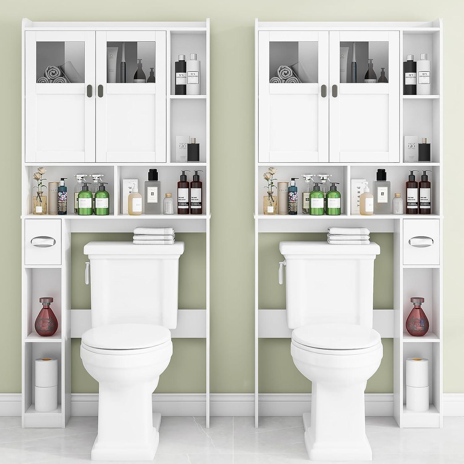 White Adjustable Over-the-Toilet Storage Cabinet with Glass Doors