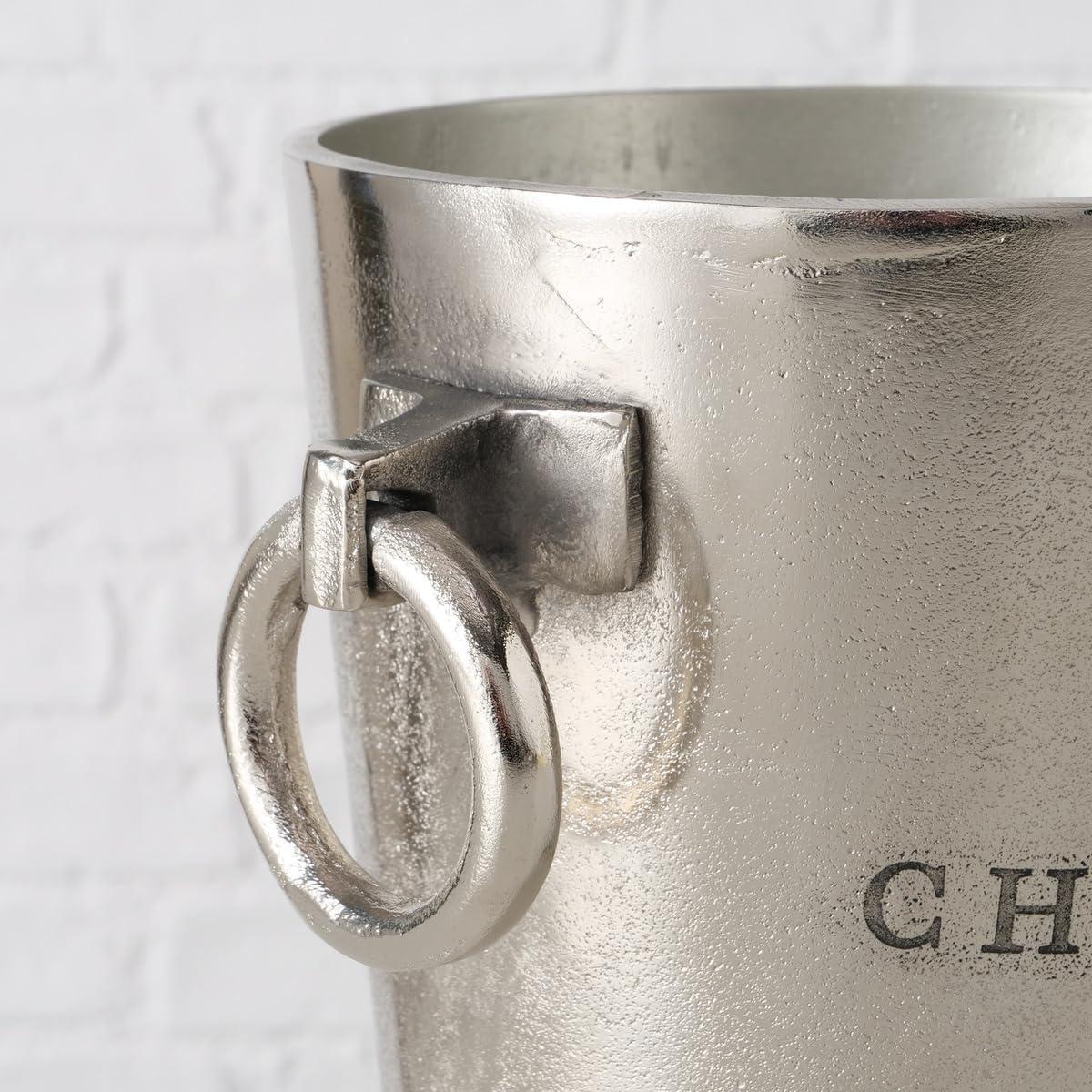 Luxury Champagne Ice Bucket, Elegant Script Text Details, Hand Cast, Silver Aluminum, 18.5 inches